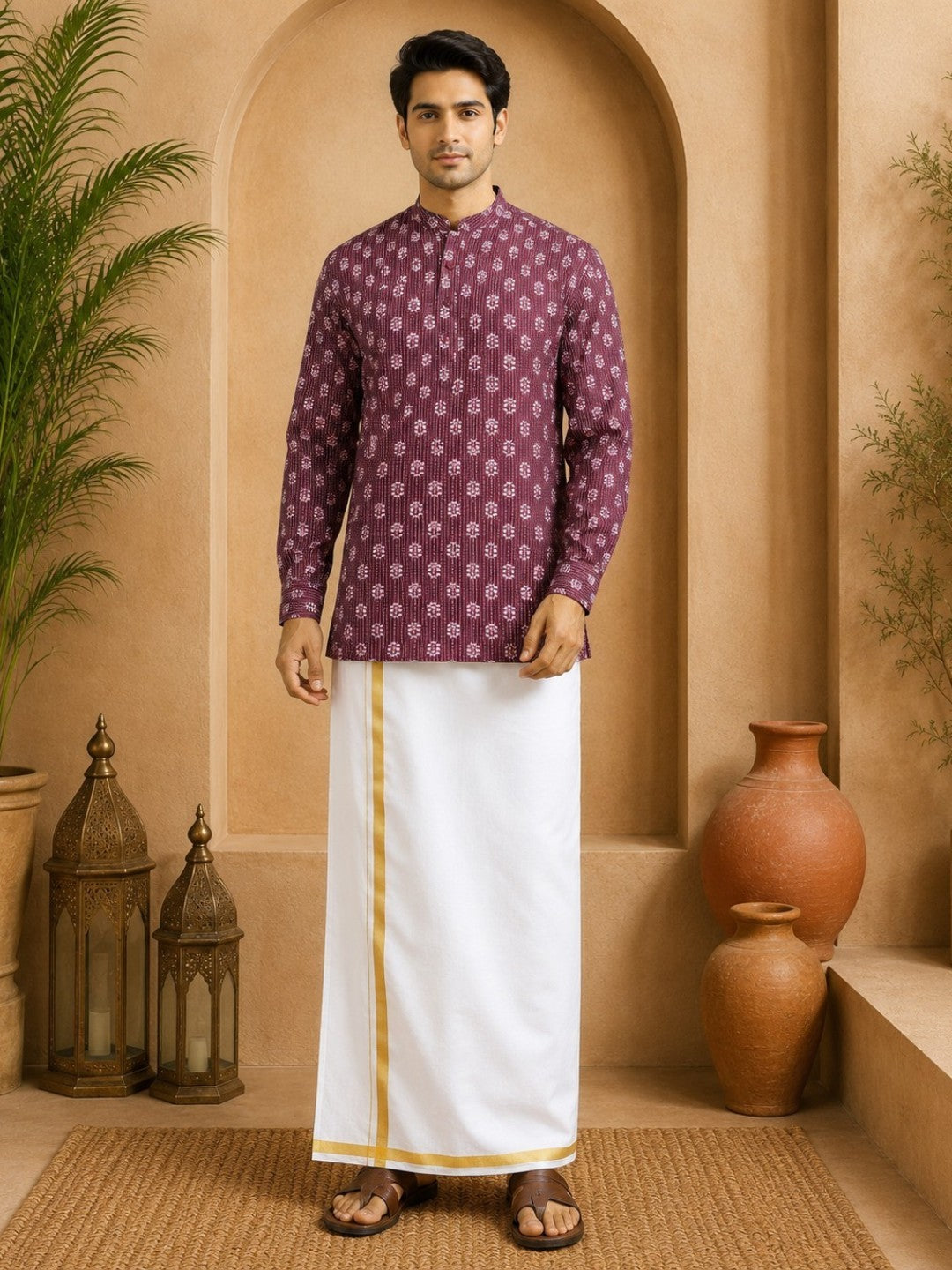Tattva Men Floral Printed Woven Thread Super Short Kurta