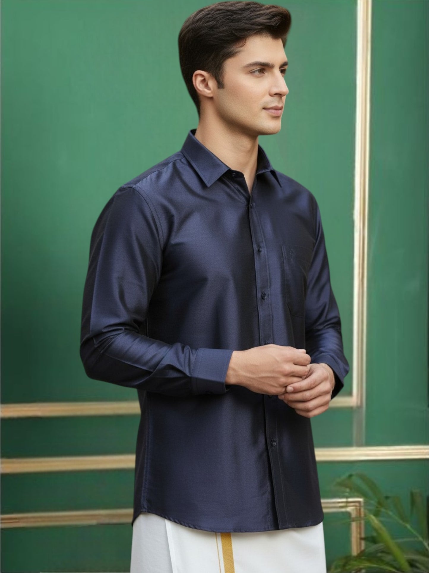 Tattva Men Navy Blue Slim Fit Solid Party Shirt