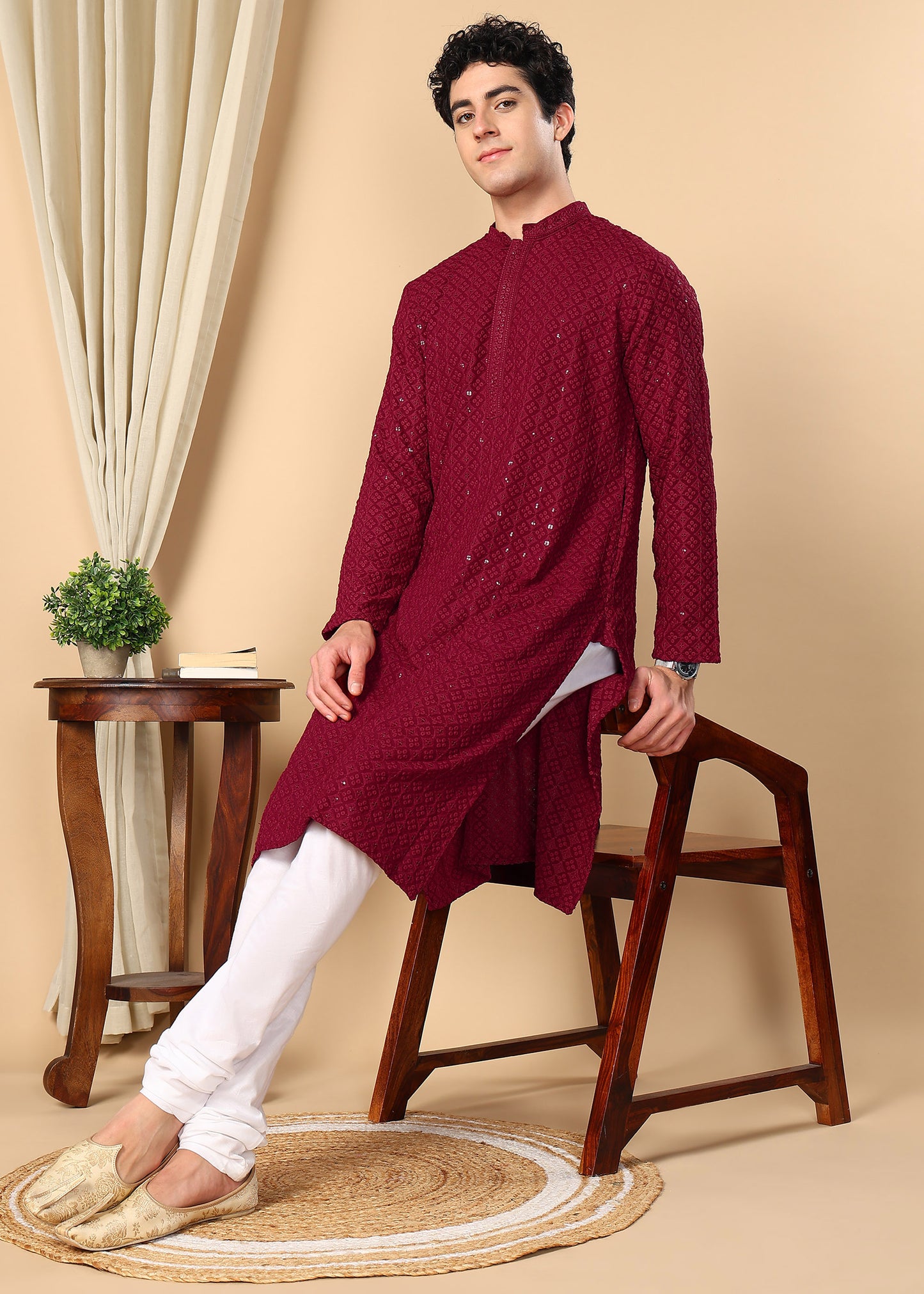 Tattva Floral Embroidered Sequined Mandarin Collar Straight Kurta