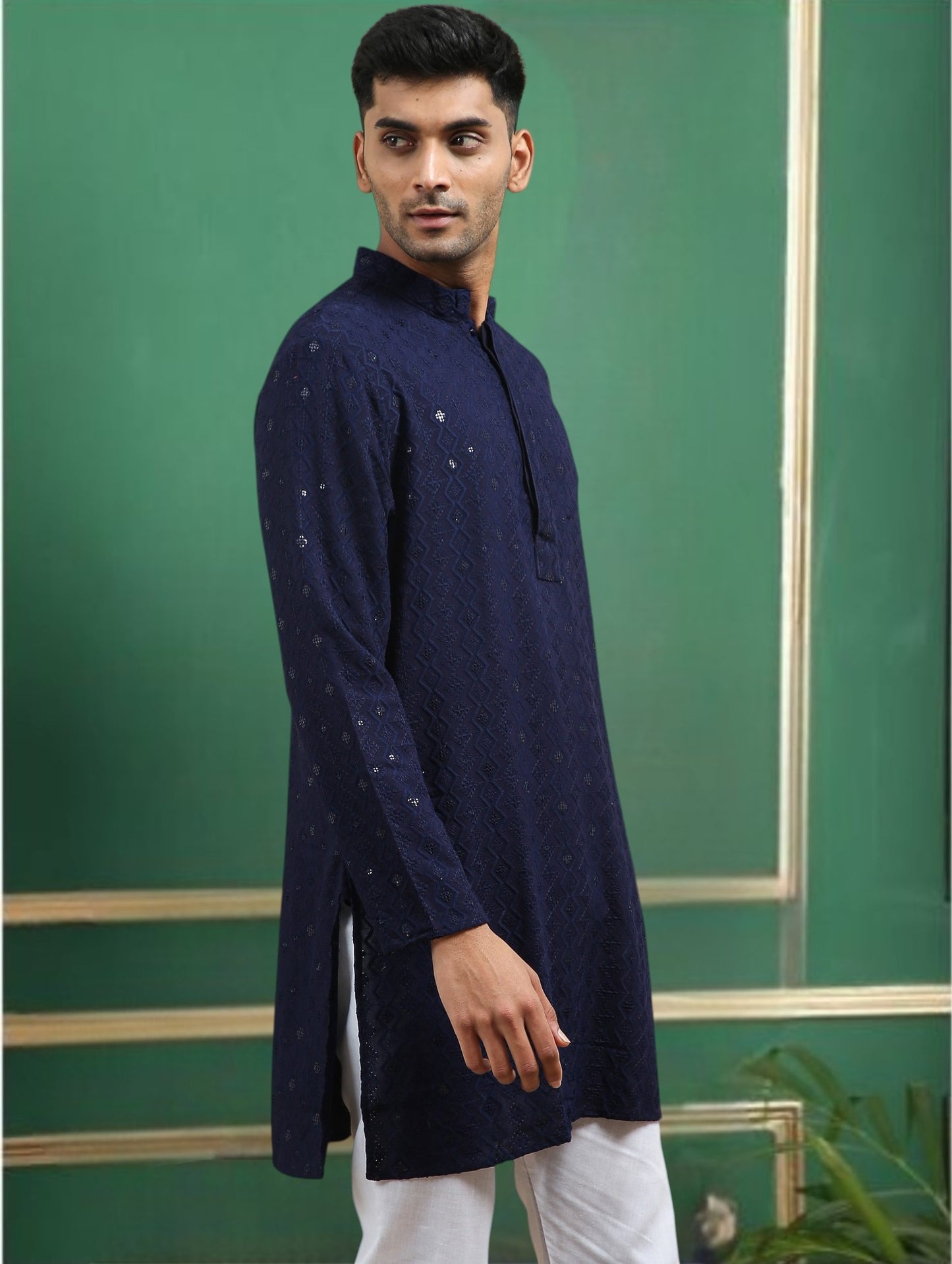 Tattva Navy Blue Toned chikankari Cotton Short Kurta