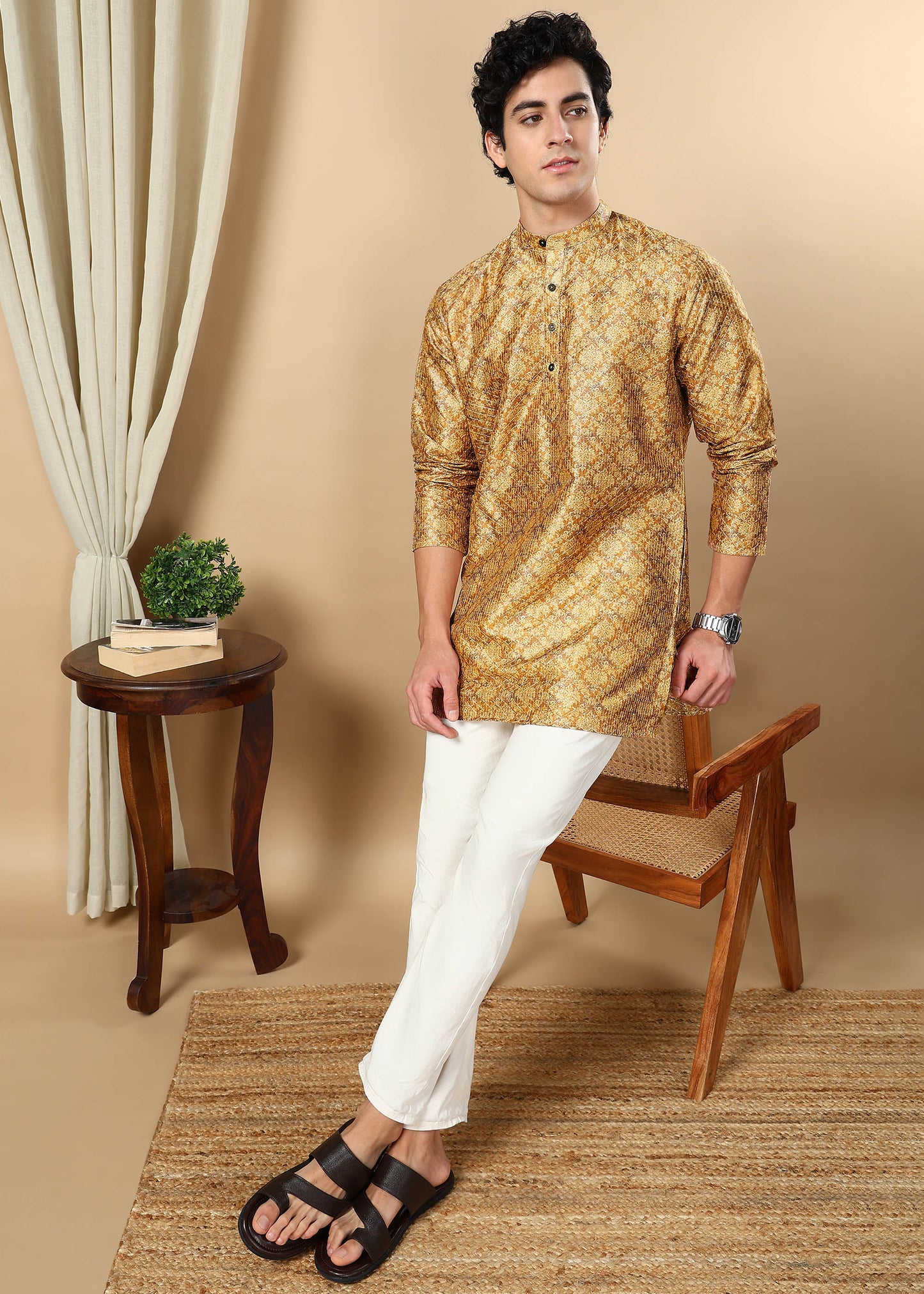 Tattva Brown Printed Short Kurta