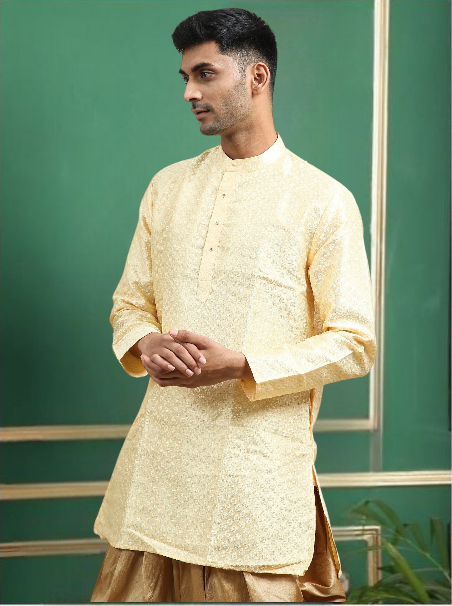 Tattva Beige Toned Woven Design Polyster Short Kurta