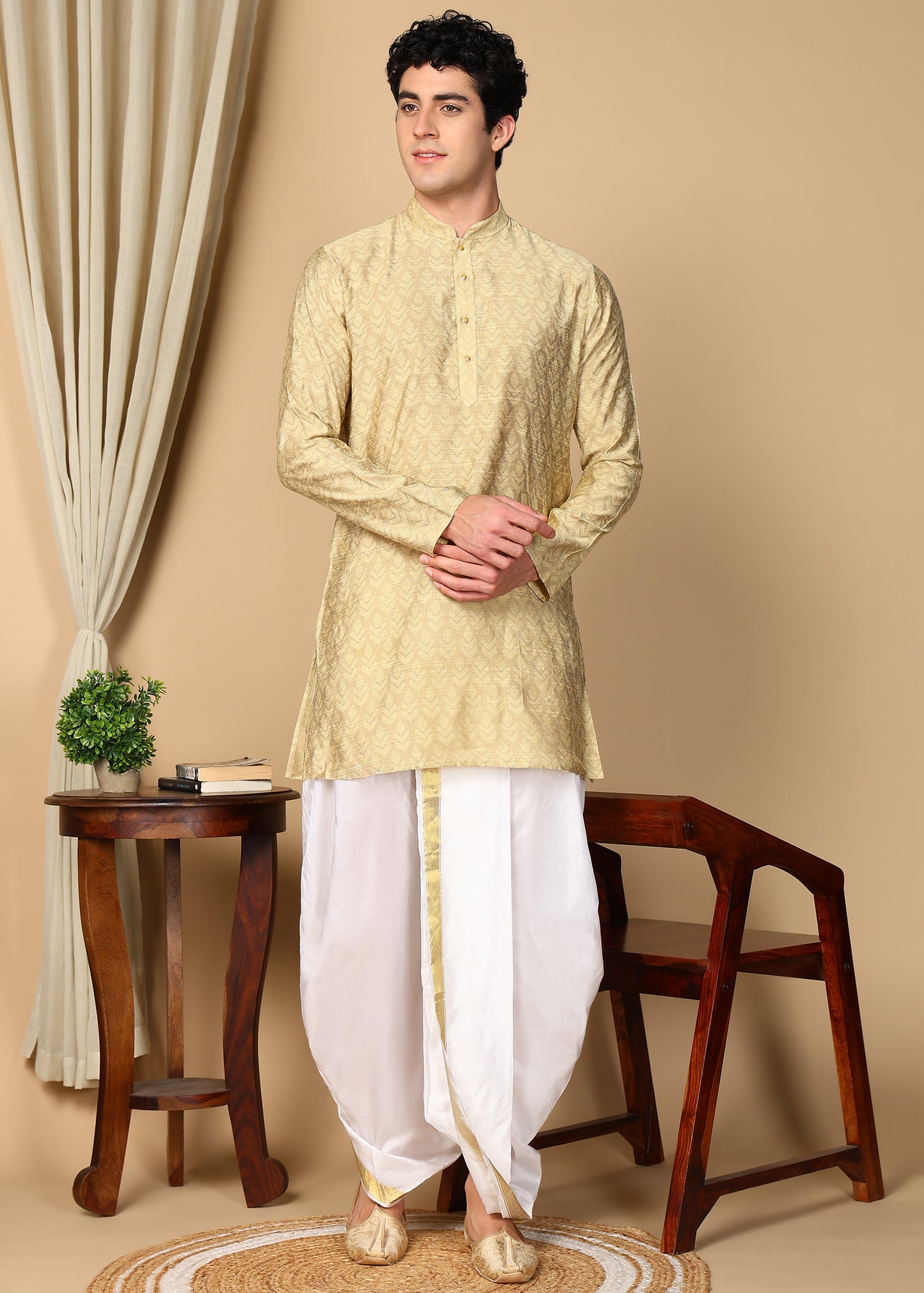 Tattva Beige Self Design Short Kurta