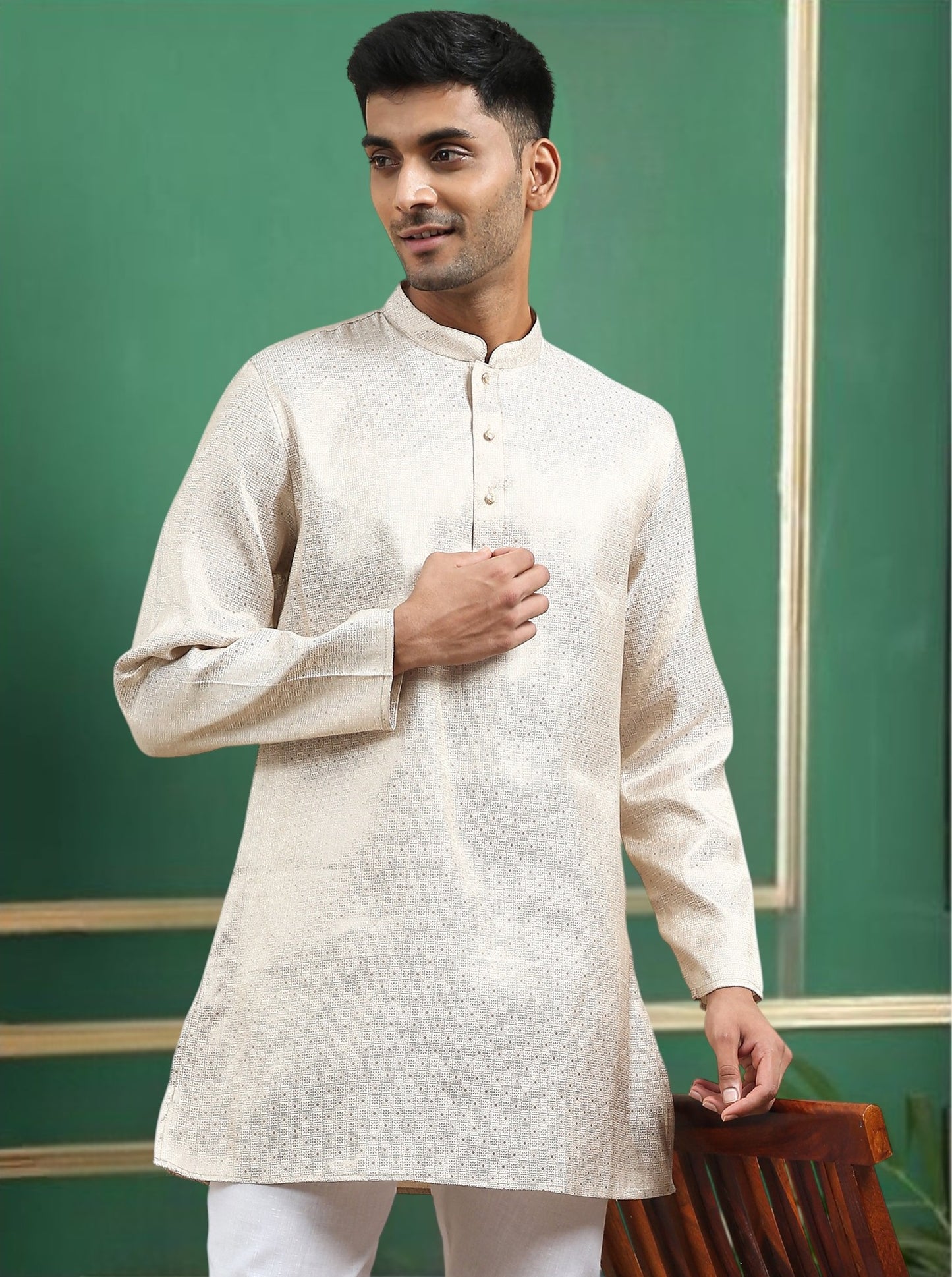 Tattva Cream Toned brocade Polyster Short Kurta