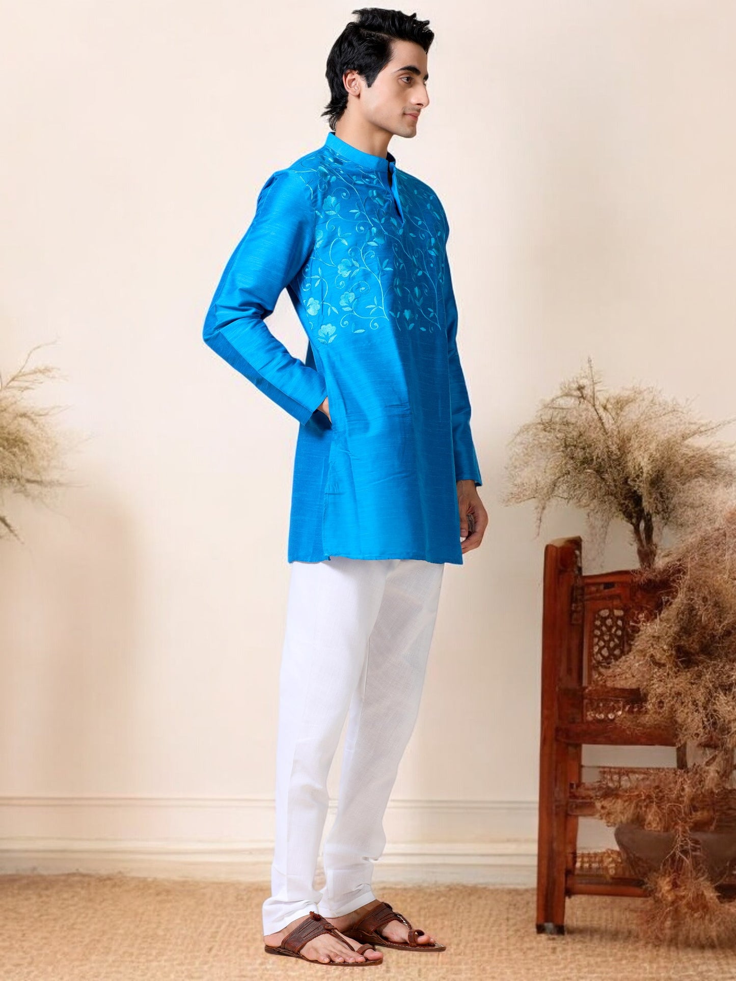 Tattva Men Embroidered Cotton Blend Asymmetric Kurta