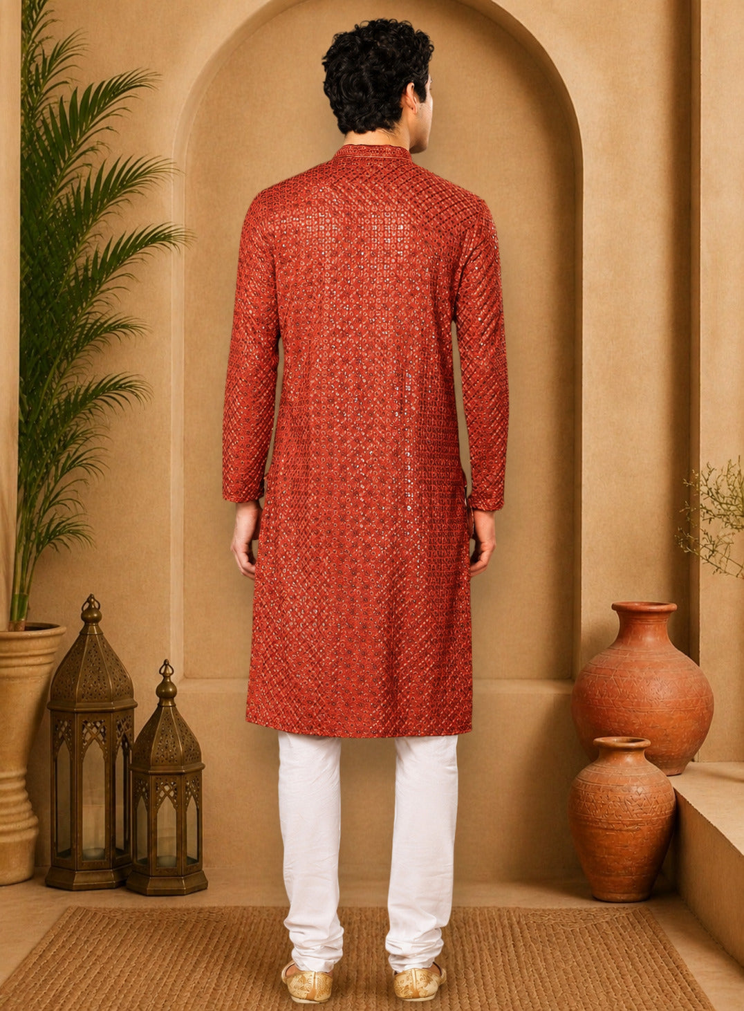 Tattva Candy Red Toned Sequined Thread Work Long Kurta With Pyjama