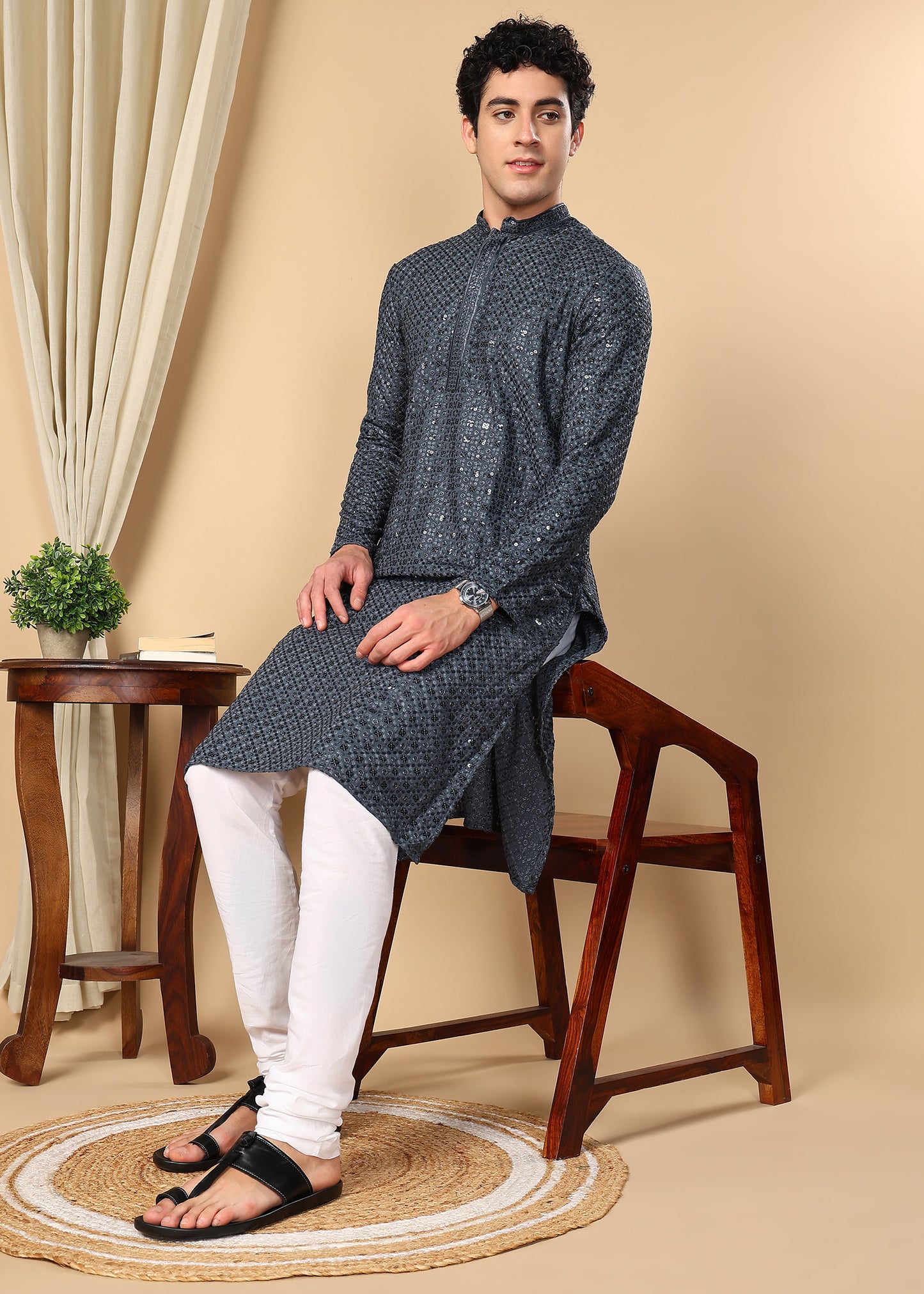 Tattva Embroidered Thread Work Mandarin Collar Straight Kurta