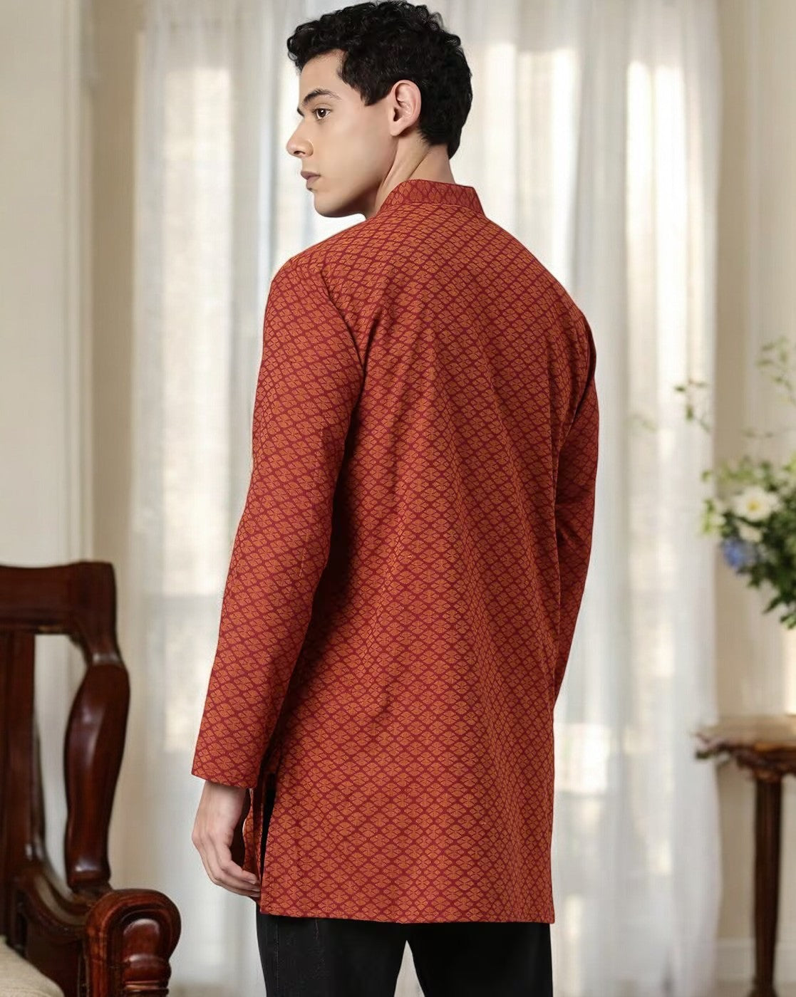 Tattva Men Maroon Geometric Print Cotton Blend Straight Kurta