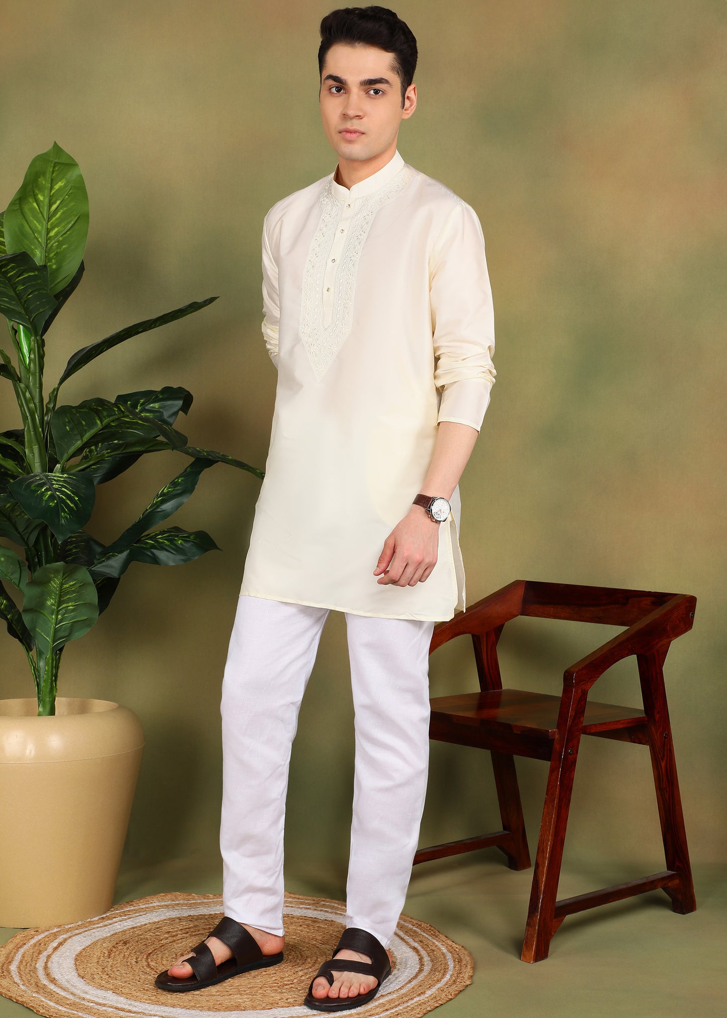 Tattva Men Cream Colored Short Kurta