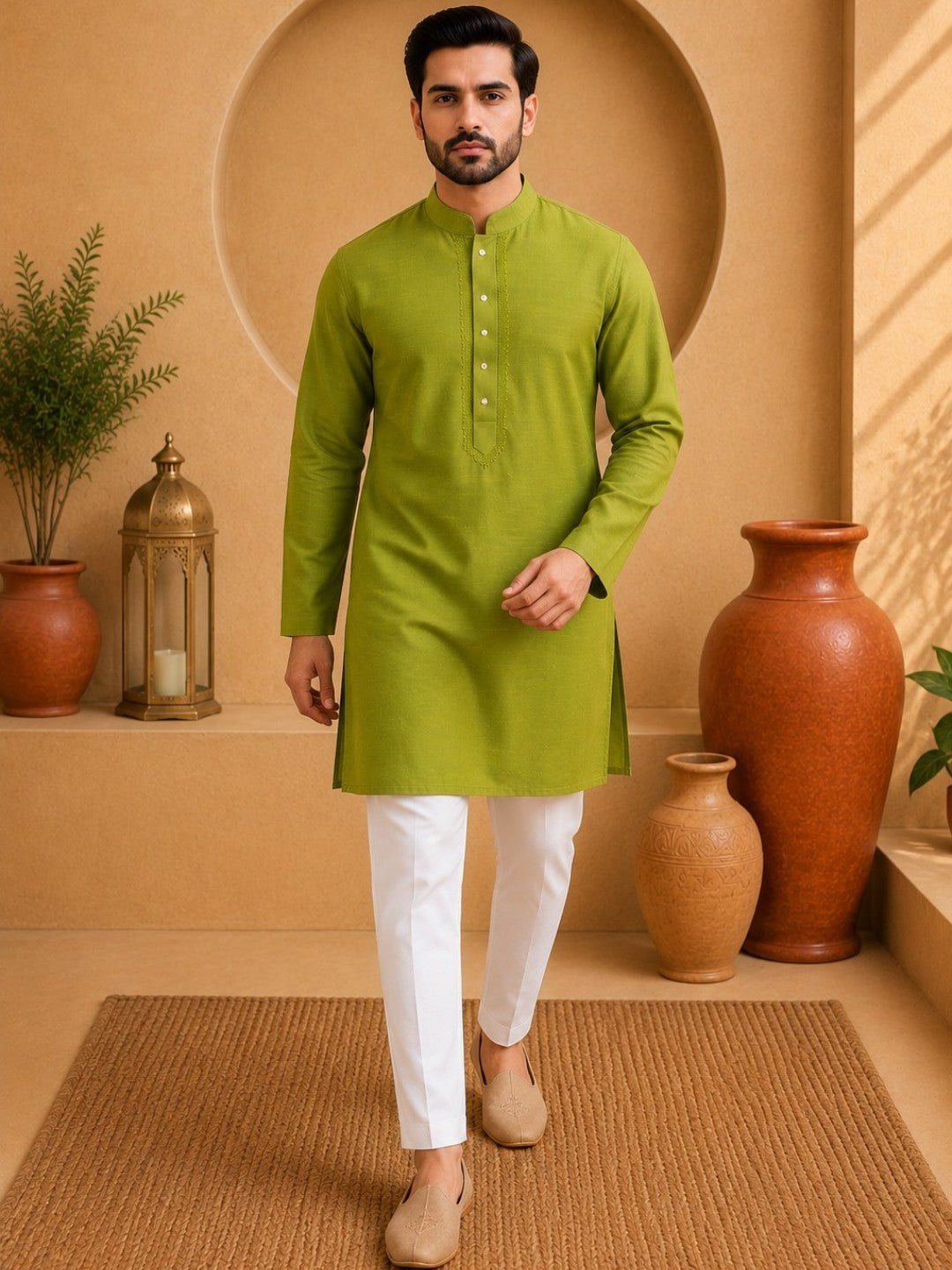 Tattva Solid Embroidered Mandarin Collar Short Kurta