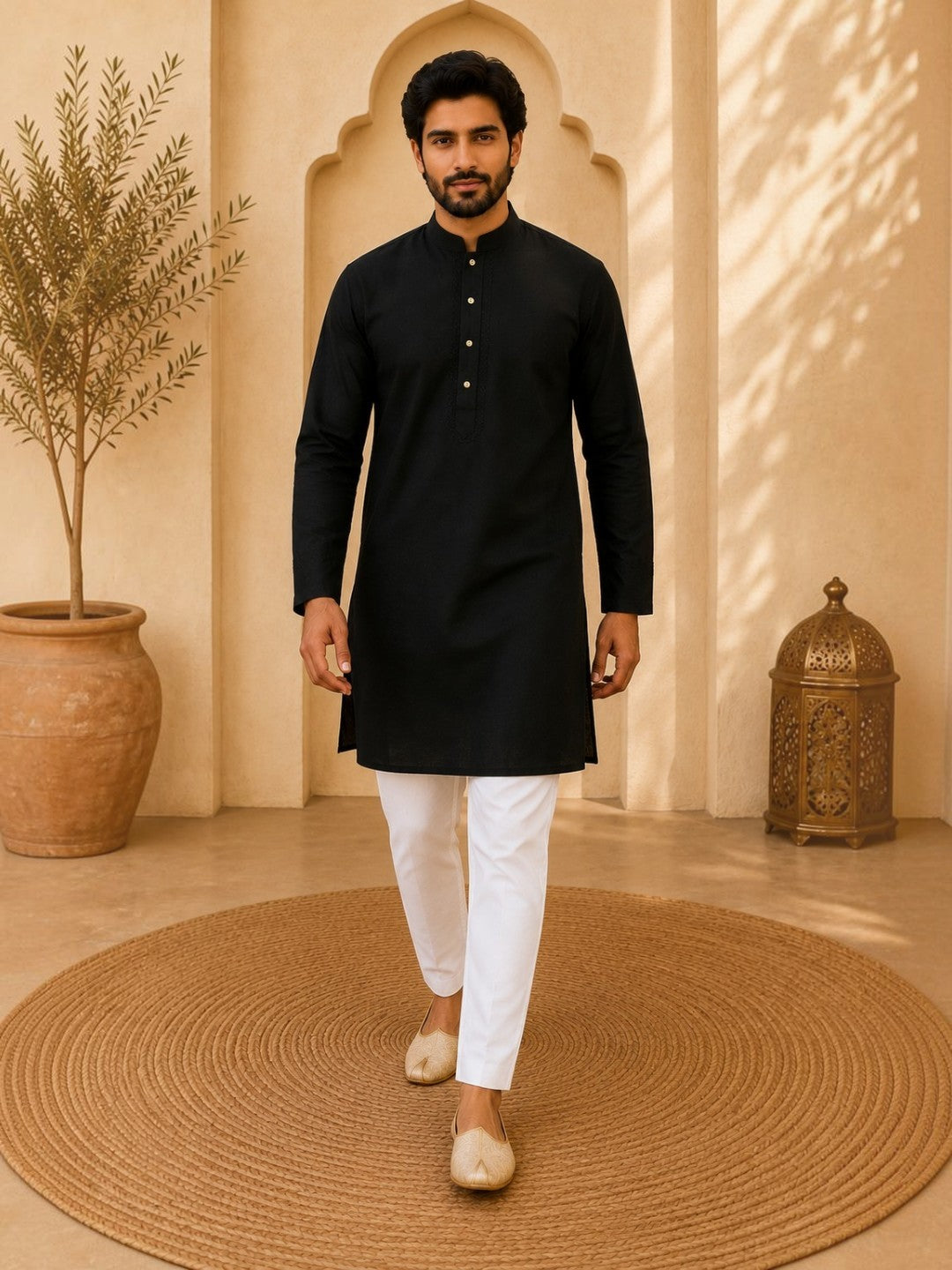 Tattva Black Toned Embroidered Cotton Short Kurta