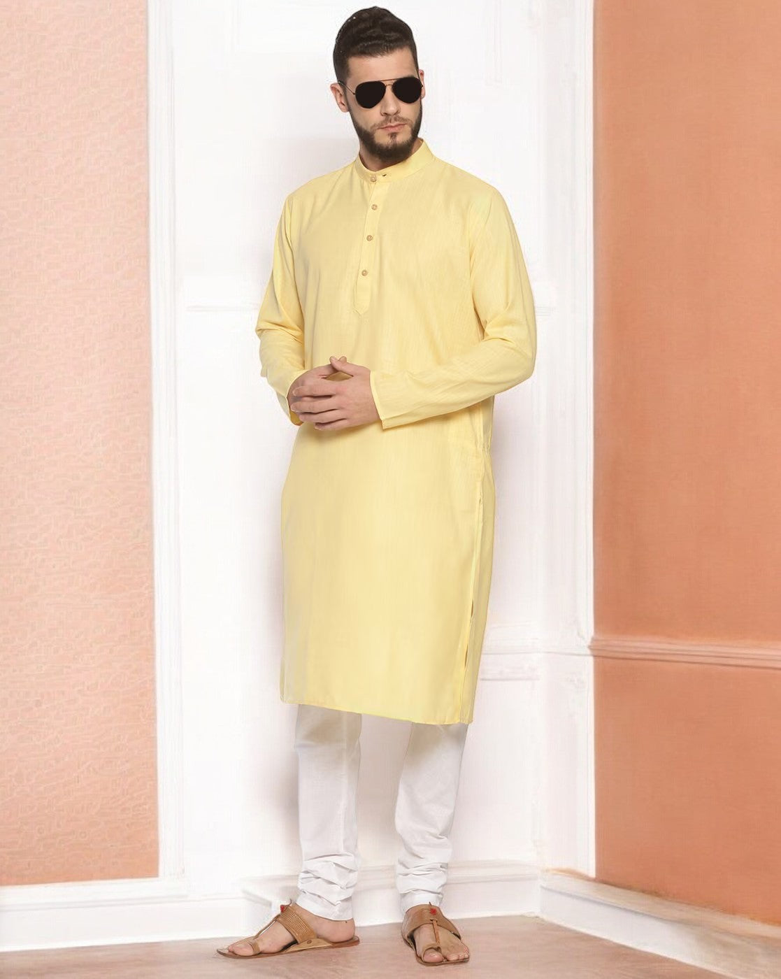 Yellow Cotton Long Kurta With Pajamas