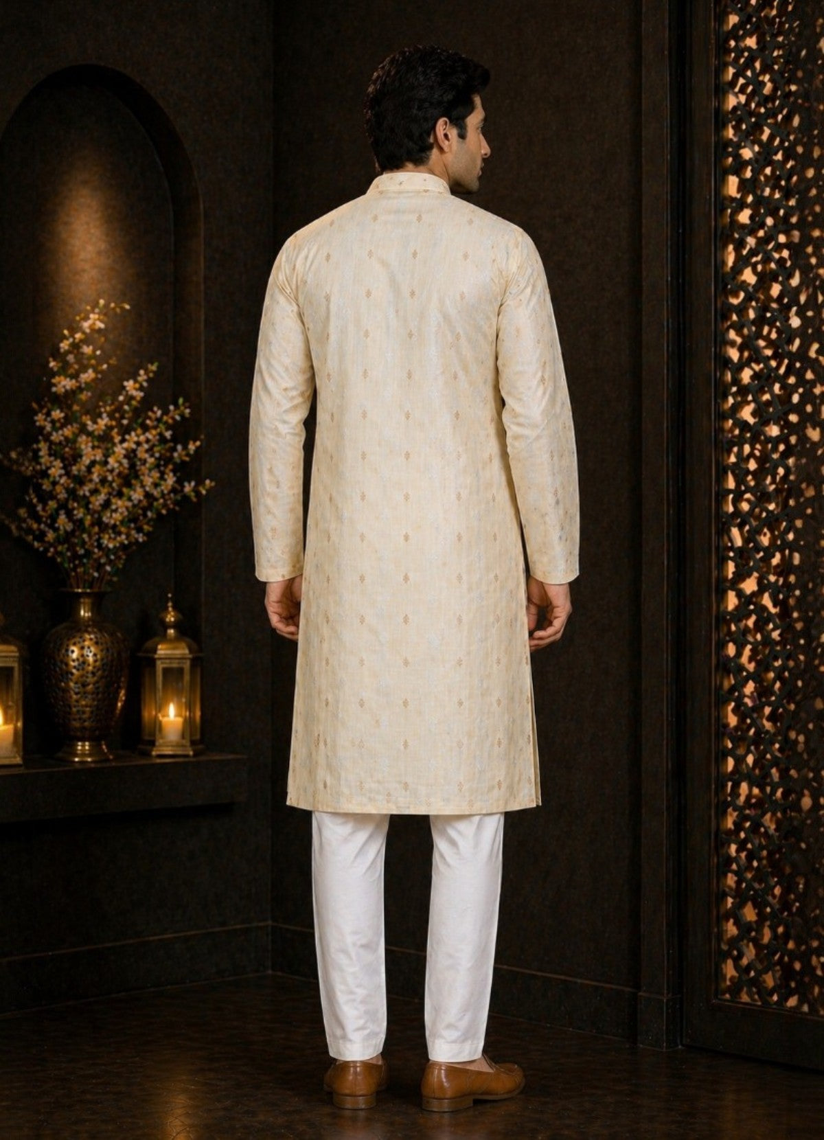 Tattva Men Cream Embroidered Pure Cotton Kurta with Pyjamas