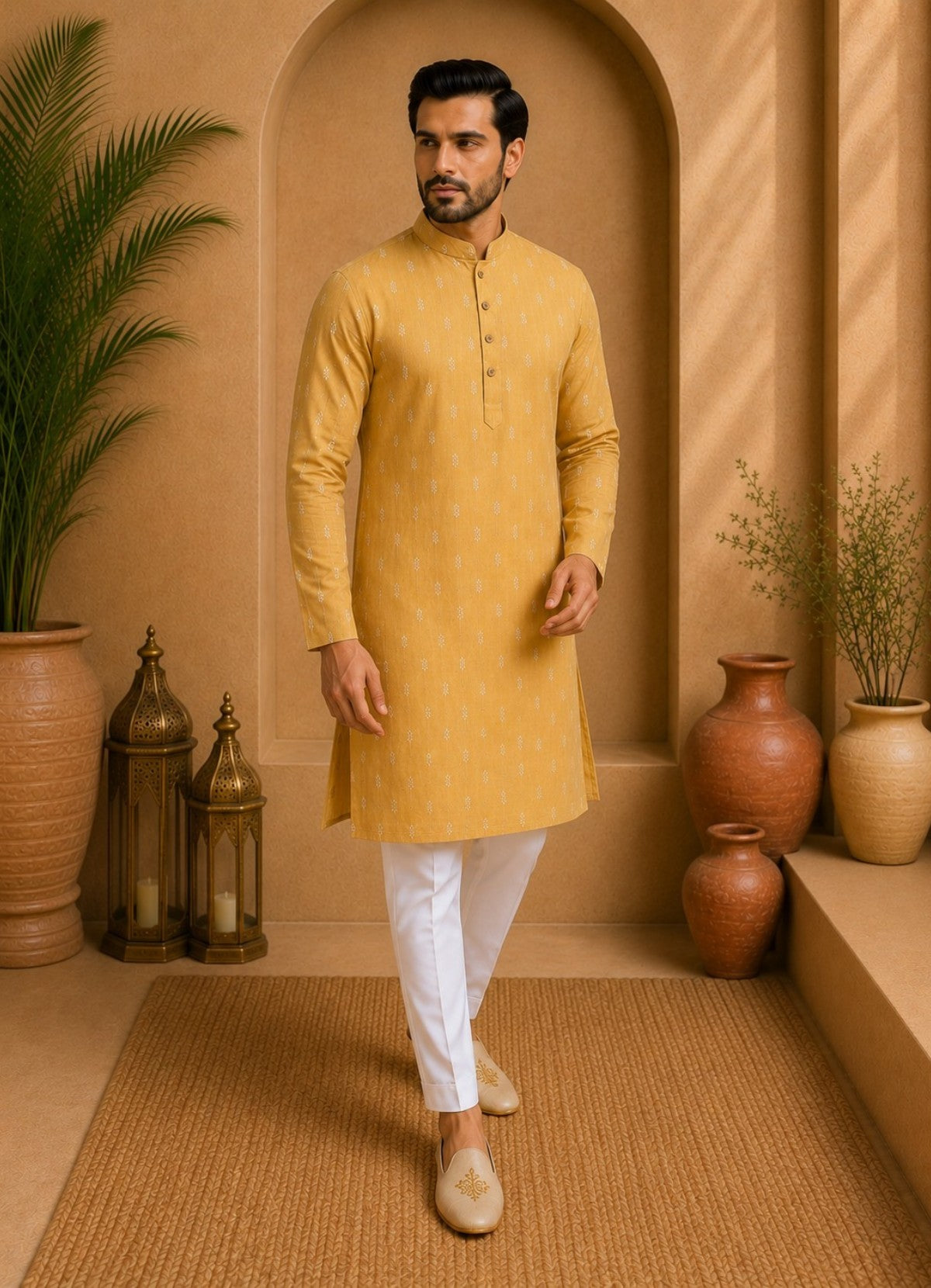 Tattva Men Mustard Yellow Self Design Mandarin Collar Straight Kurta with Pyjamas