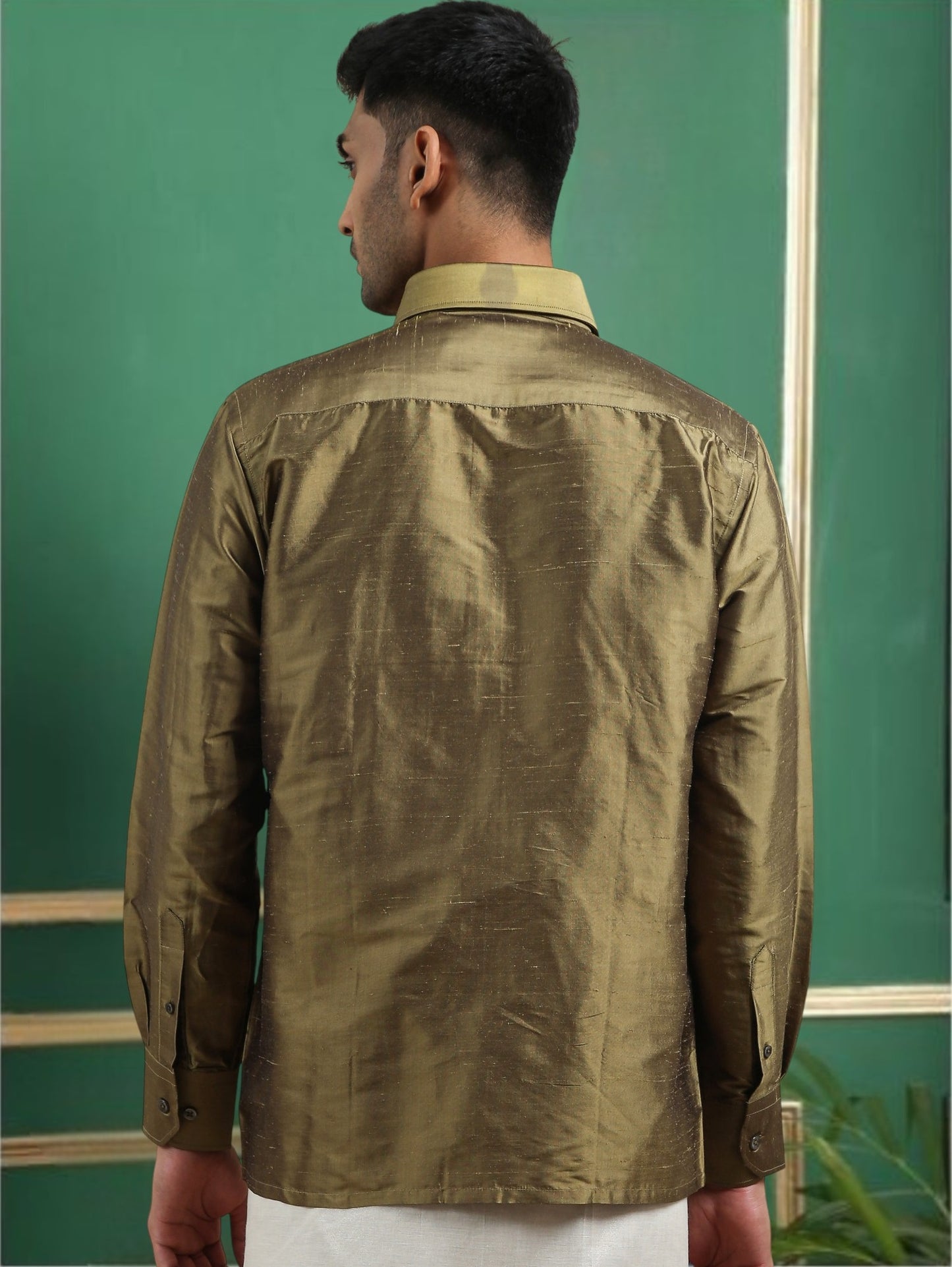 Tattva Men Olive Toned Pure Silk Shirt