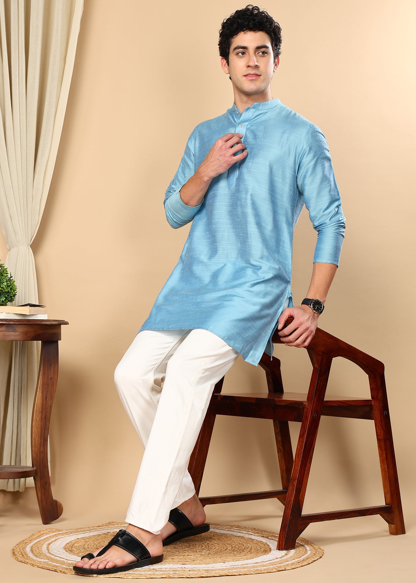 Tattva Sky Blue Solid Short Straight Kurta