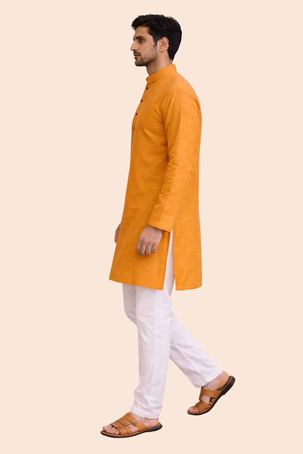 Tattva Men Saffron-Toned Applique Mandarin Collar Kurta