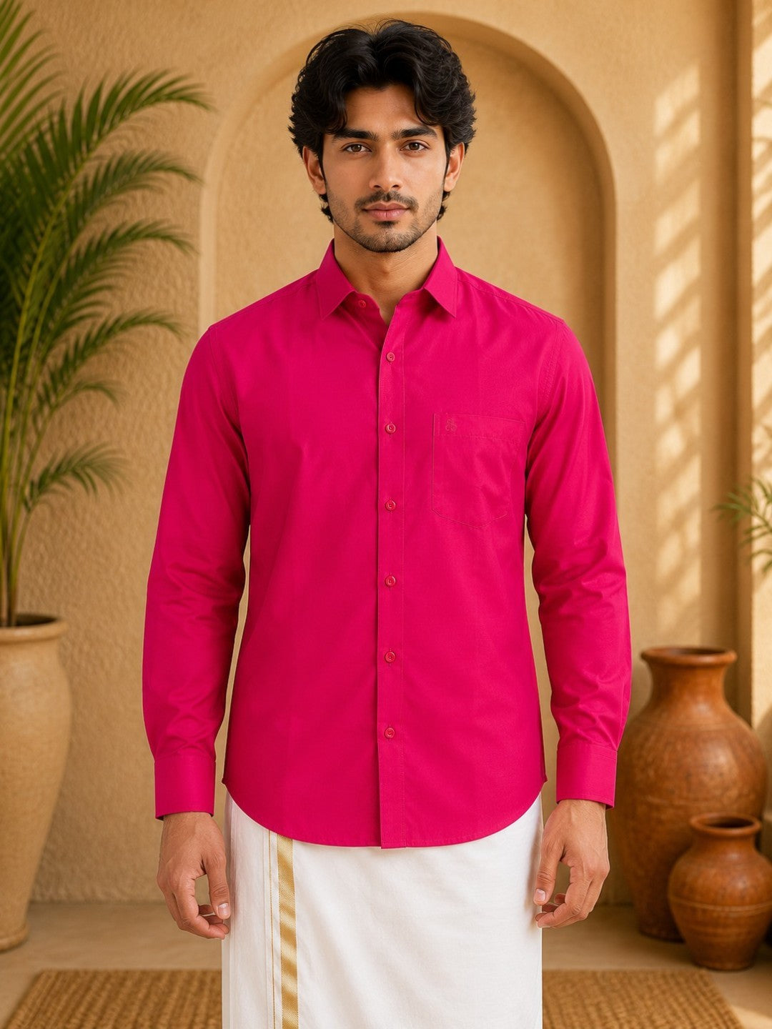 Pink Polyester Slim Fit Solid Party Shirt