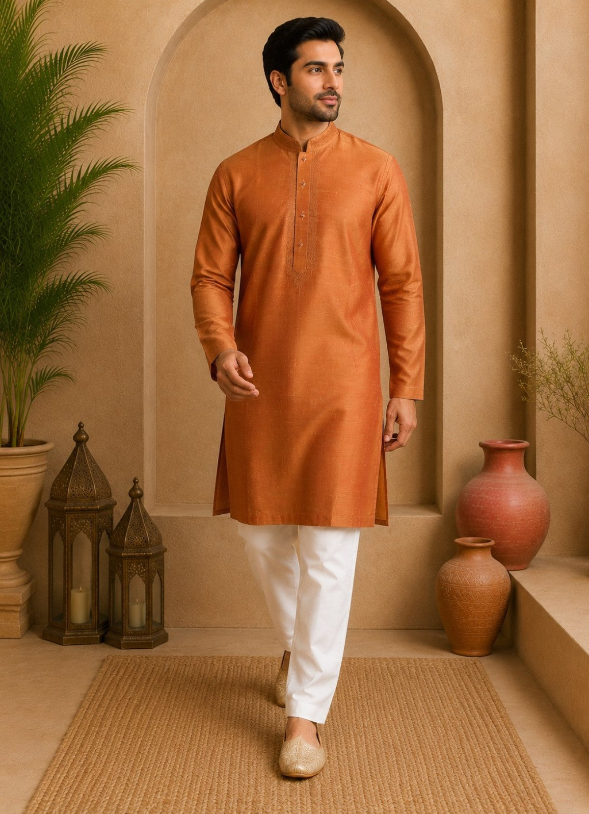 Tattva orange Mandarin Collar Thread Work Pure Silk Straight Short Kurta