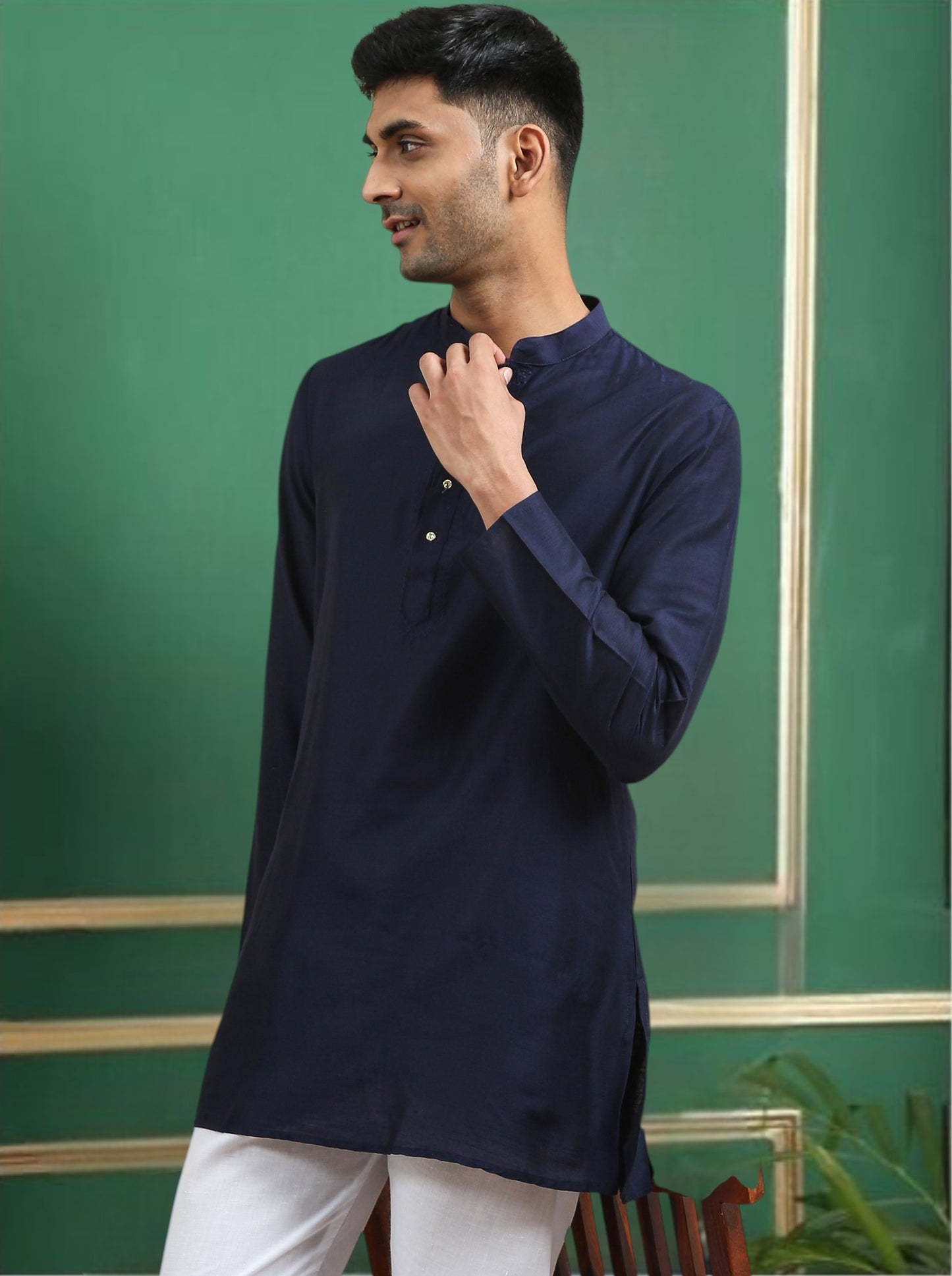 Tattva Navy Blue Toned Embroidered Cotton Short Kurta