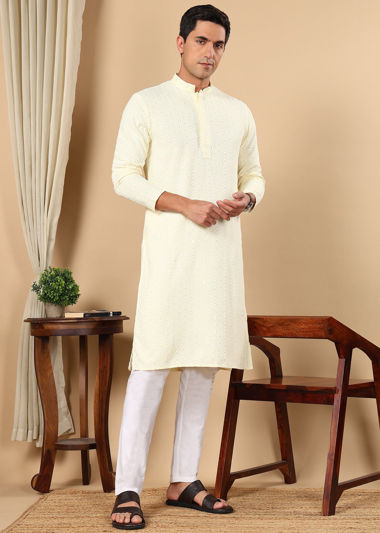 Tattva Men Woven Design Polyester Straight Kurta Set