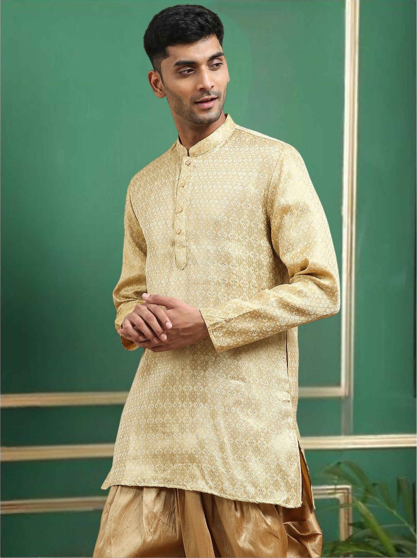 Tattva Beige Toned Woven Design Cotton Short Kurta