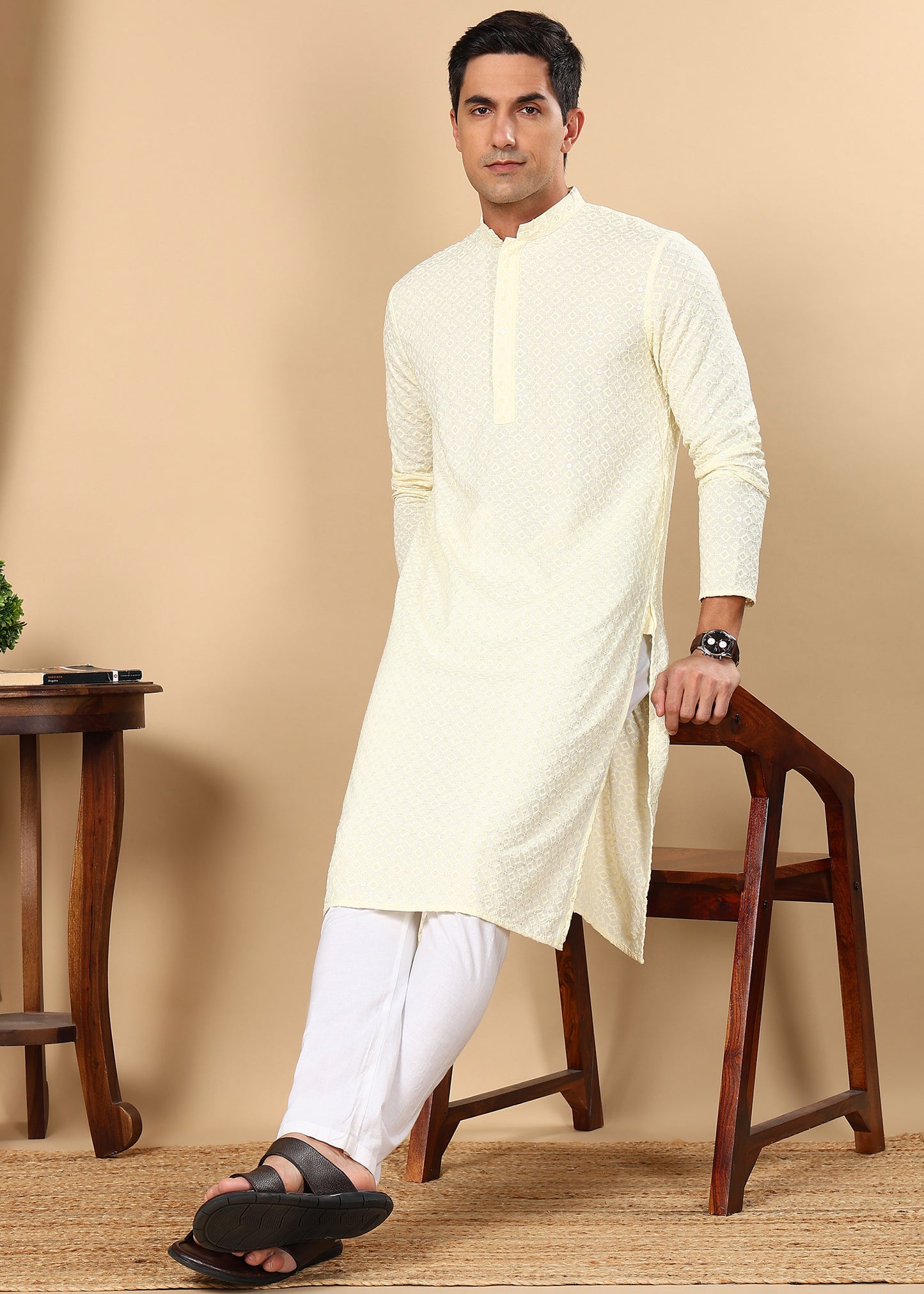 Tattva Men Woven Design Polyester Straight Kurta Set