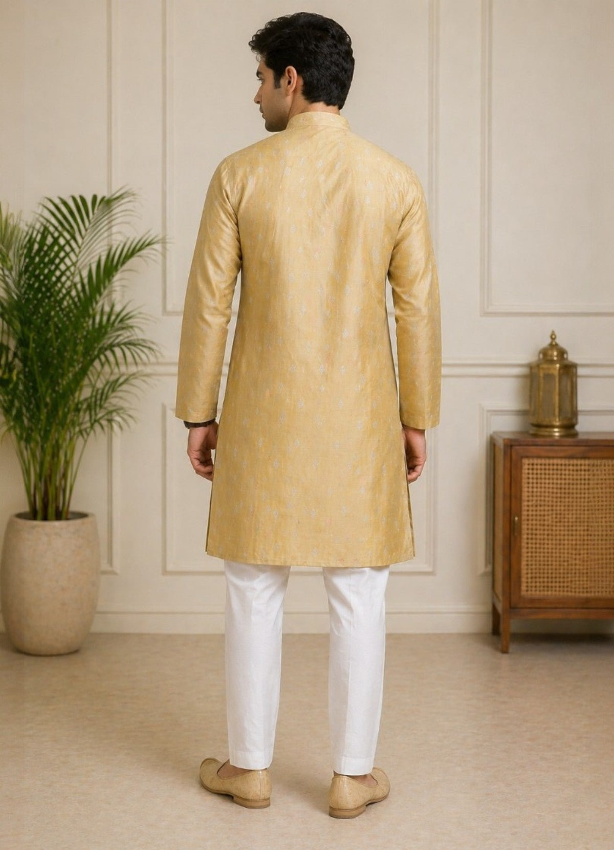 Tattva Men Mustard Gold Embroidered Cotton Silk Kurta with Pyjamas