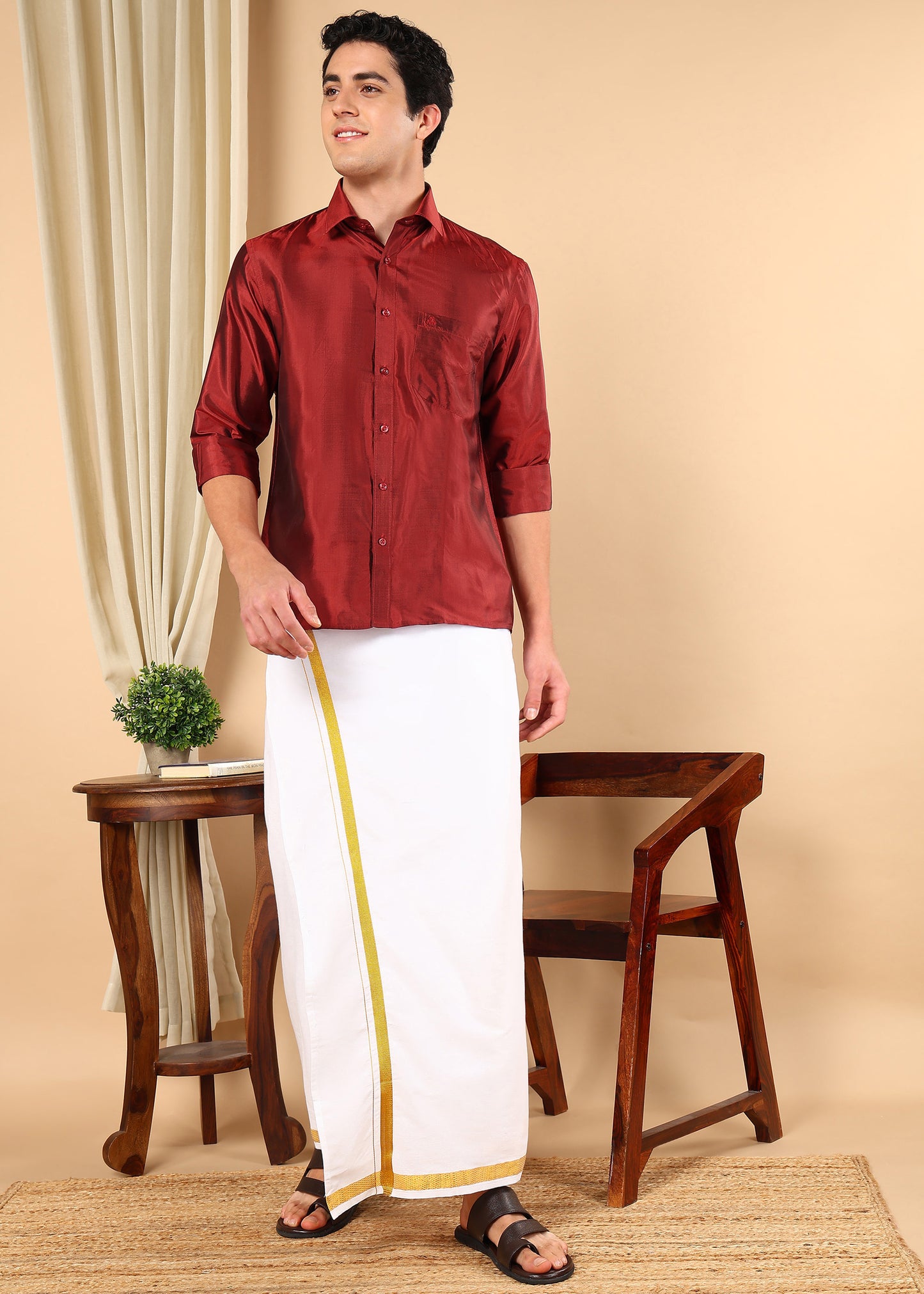 Tattva Men Maroon Pure Silk Solid Opaque Shirt