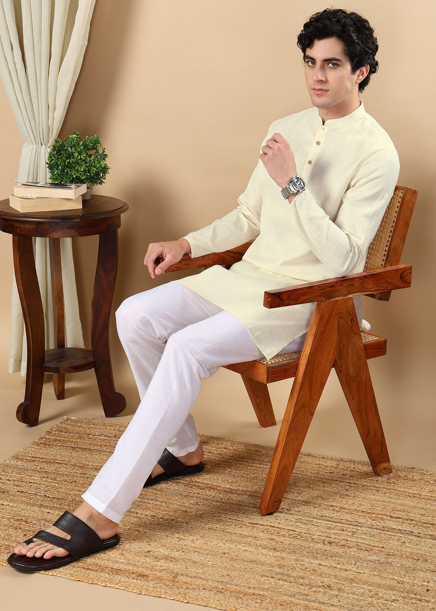 Tattva Beige Toned Woven Design Short Kurta