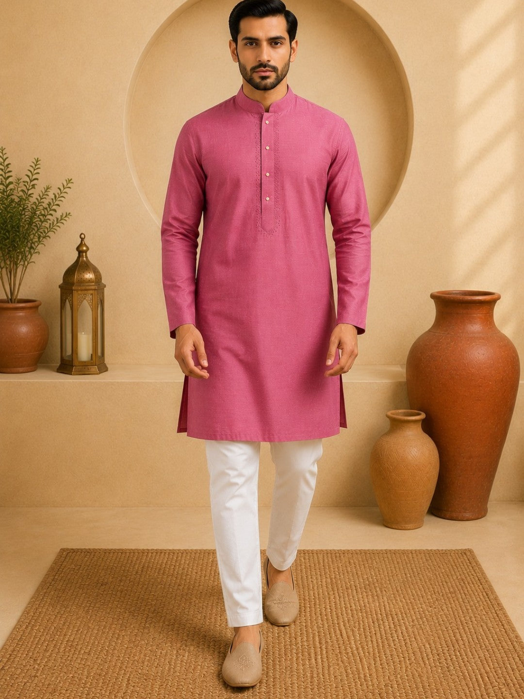 Tattva Men Embroidered Solid Short Kurta