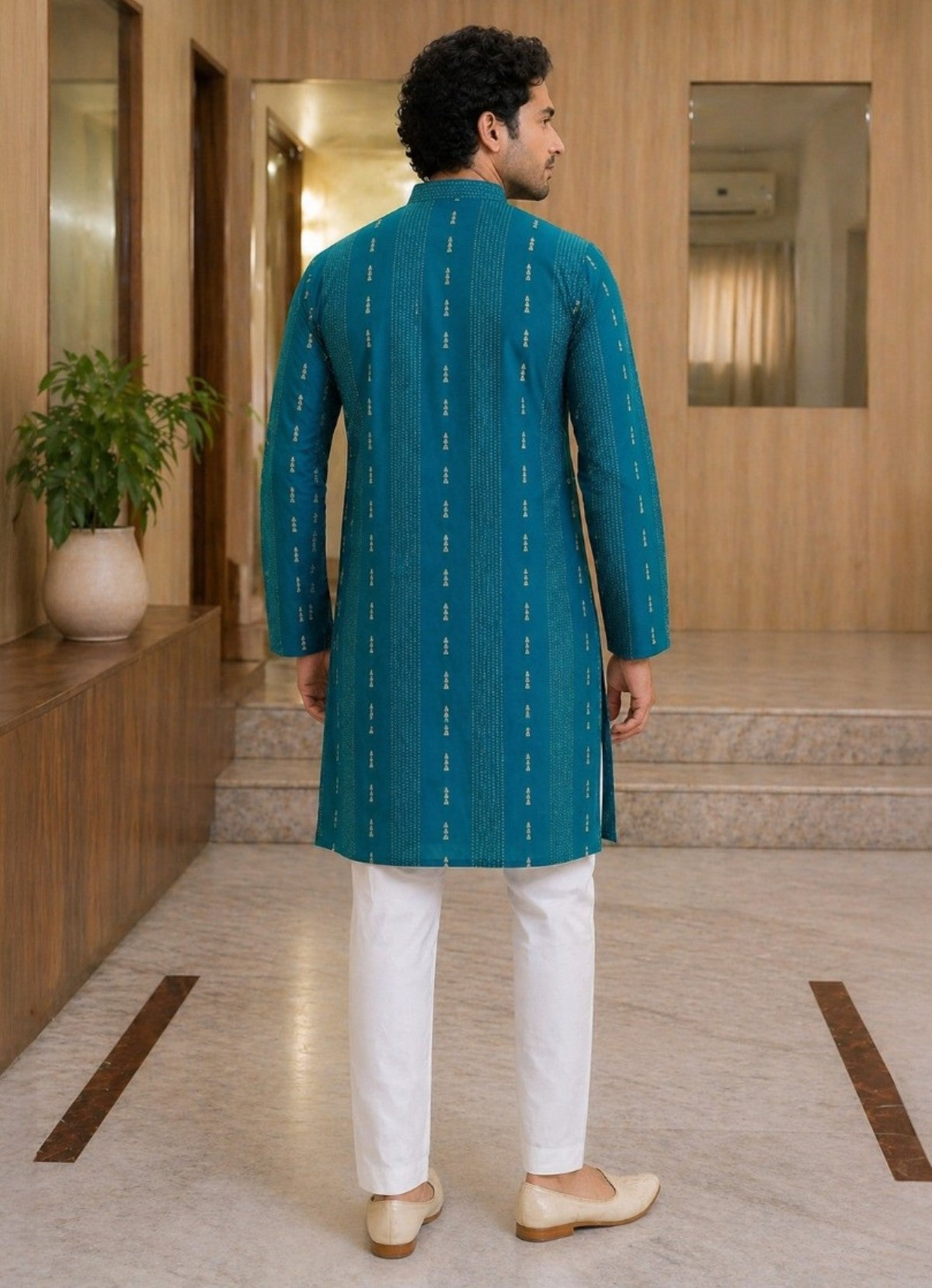 Tattva Men Teal Green Embroidered Cotton Silk Kurta with Pyjamas