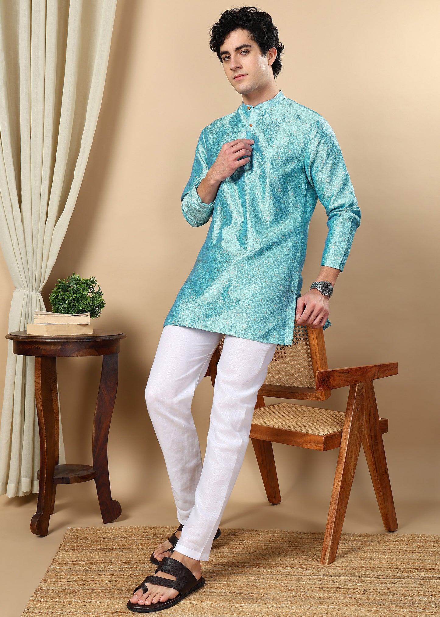 Tattva Turquoise Toned Woven Design Short Kurta