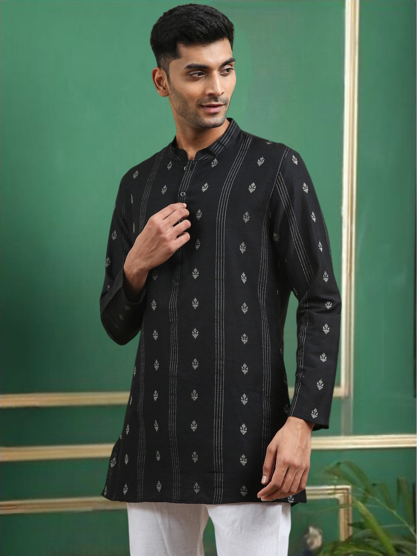 Tattva Black Toned Woven Design Cotton Short Kurta