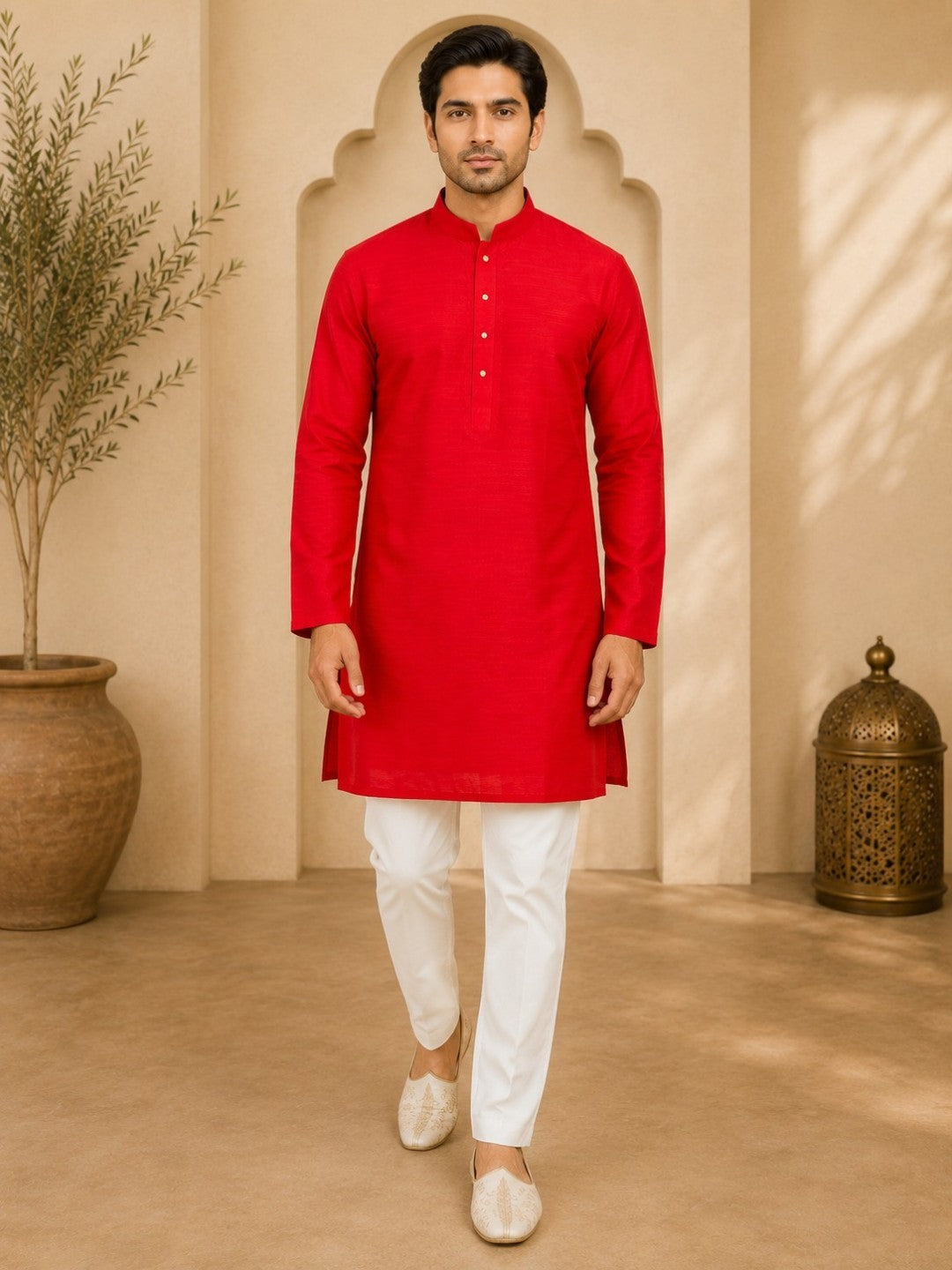 Tattva Red Toned Embroidered Cotton Short Kurta