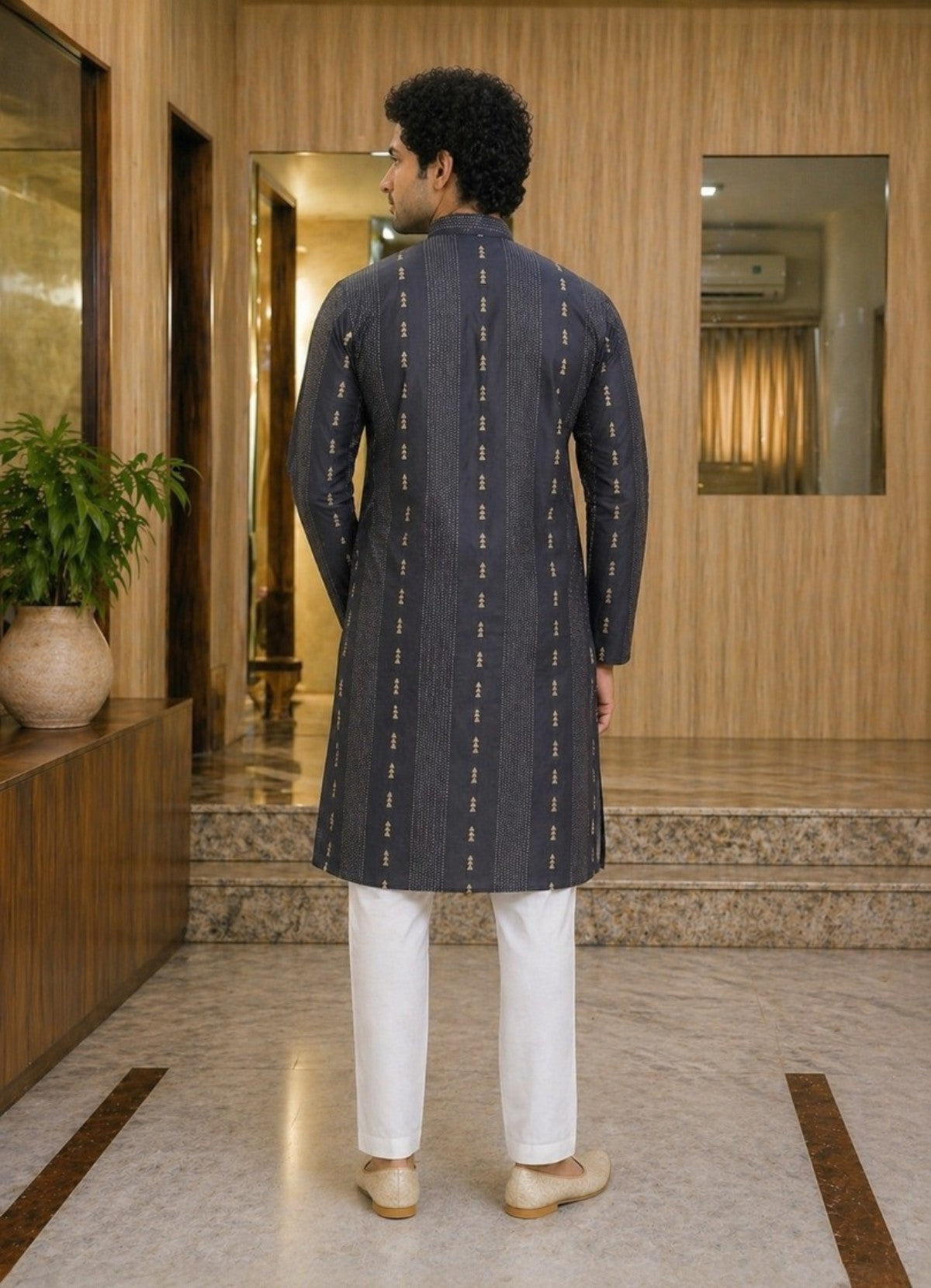 Tattva Men Navy Blue Embroidered Cotton Silk Kurta with Pyjamas