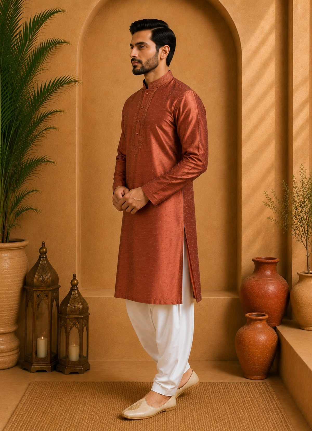 Tattva Men Thread Work Mandarin Collar Silk Straight Kurta