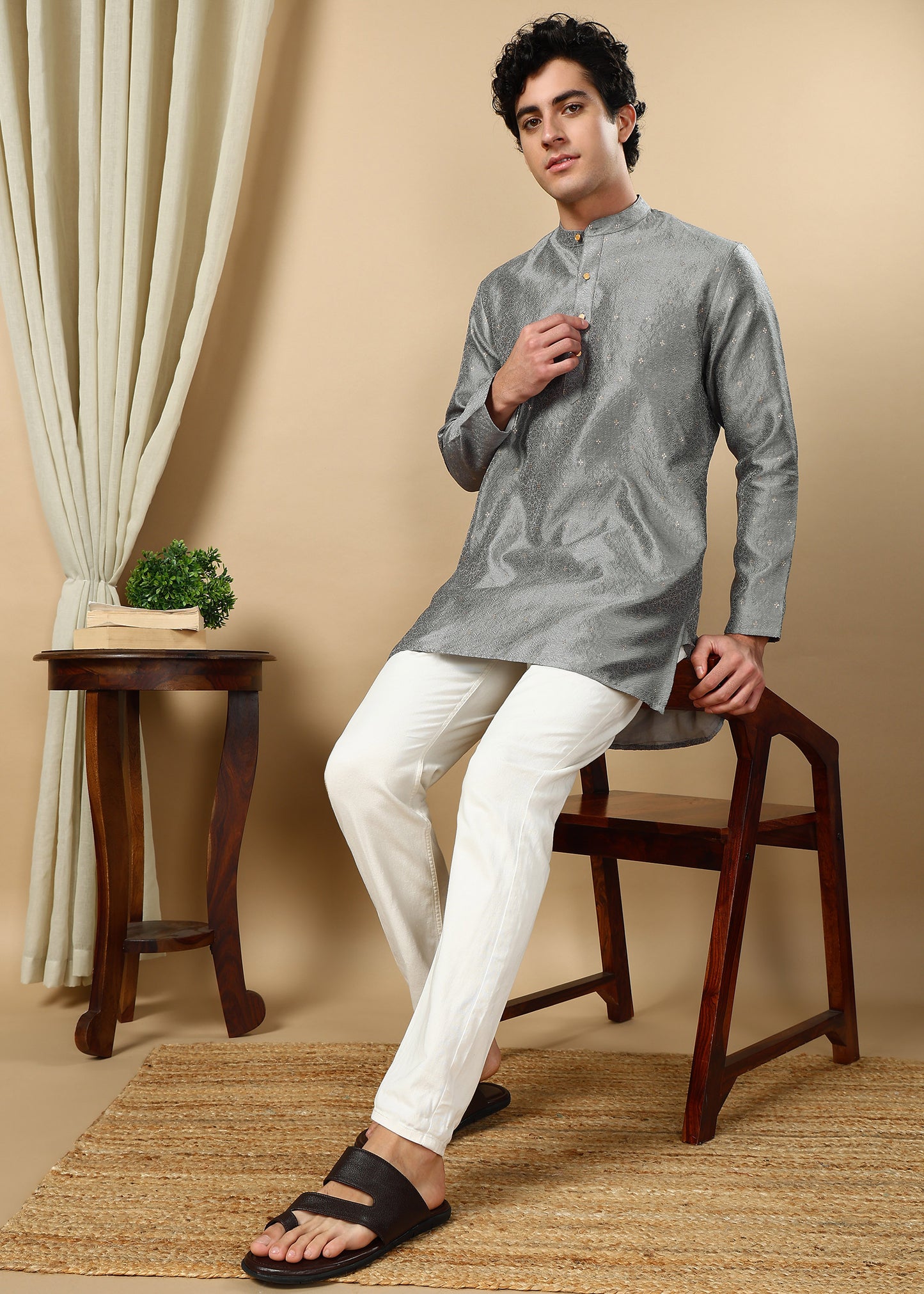 Tattva Grey Toned Woven Design Short Kurta