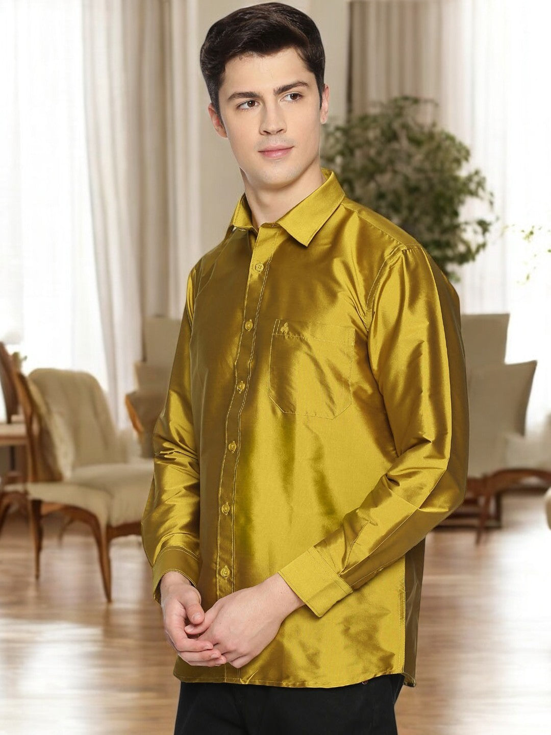 Tattva Men Gold-Toned Slim Fit Solid Casual Shirt