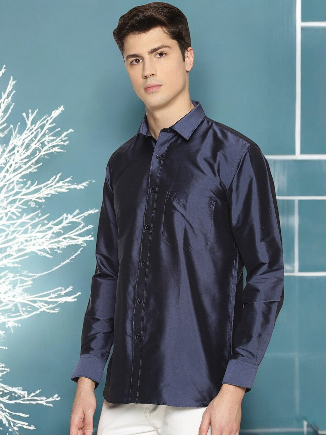 Navy Blue Polyester Slim Fit Party Shirt