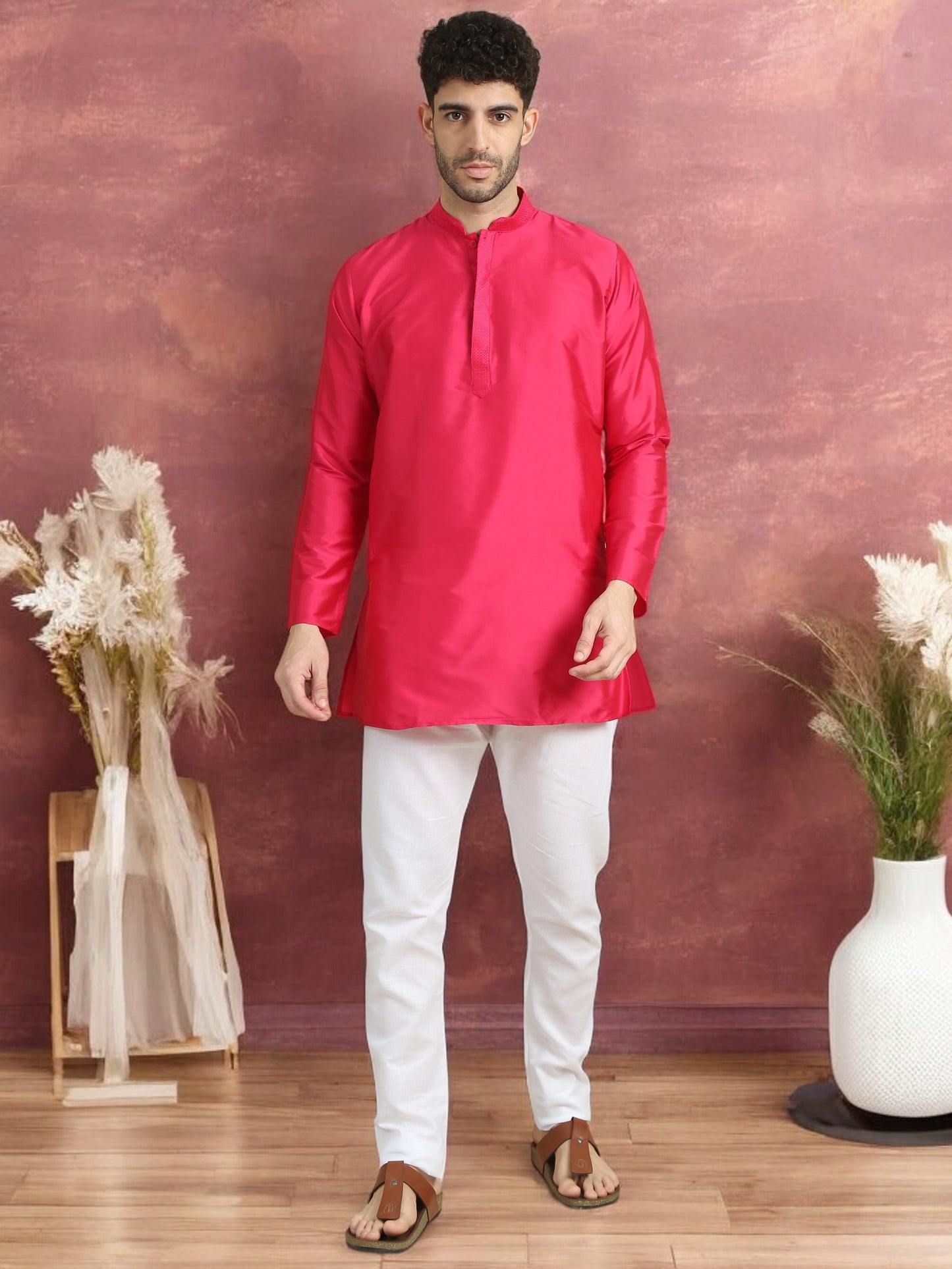 Pink Polyester Solid Straight Kurta