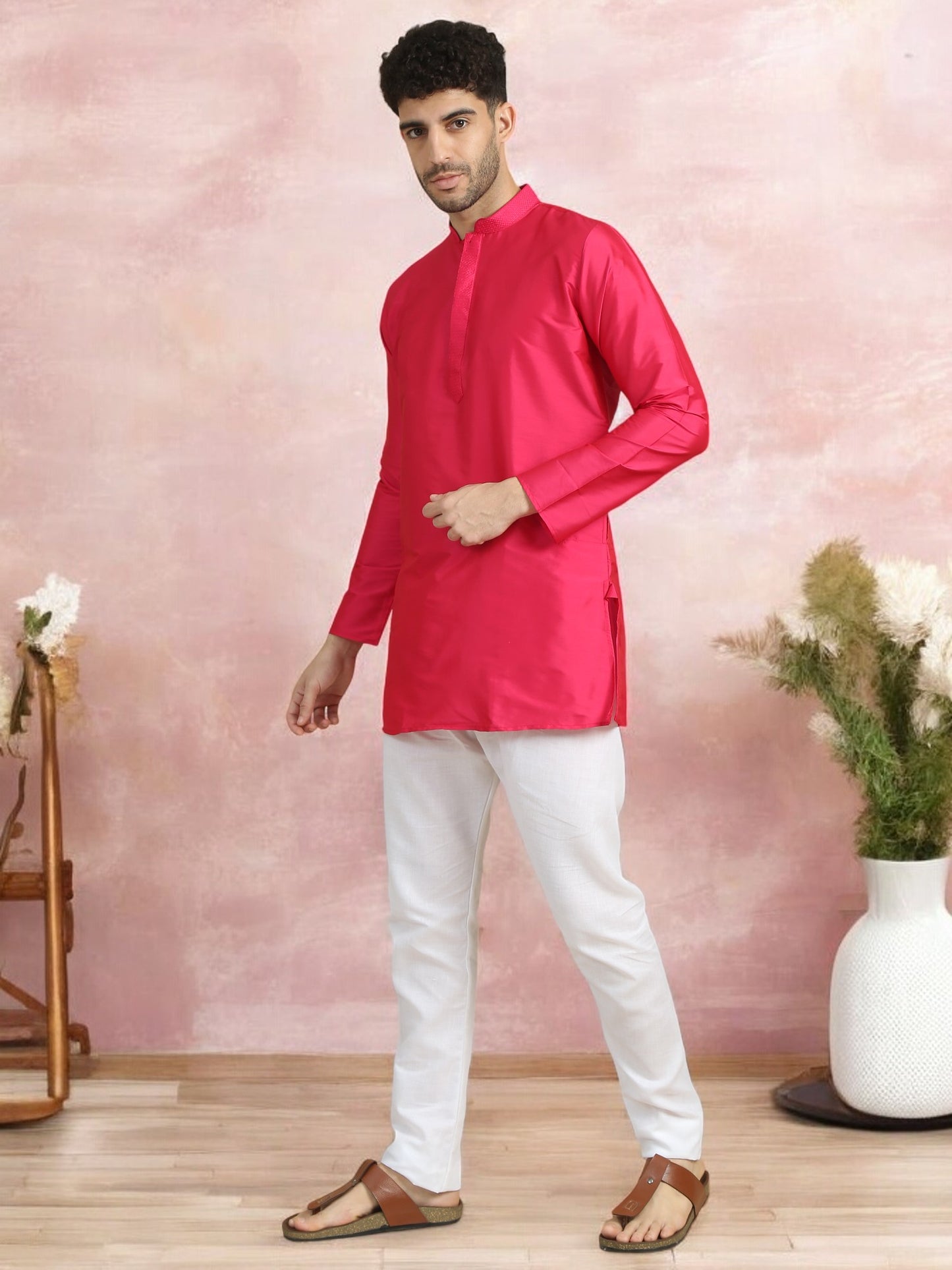 Pink Polyester Solid Straight Kurta