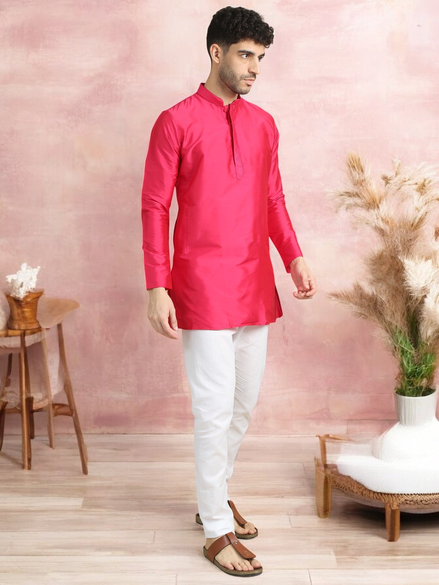 Pink Polyester Solid Straight Kurta