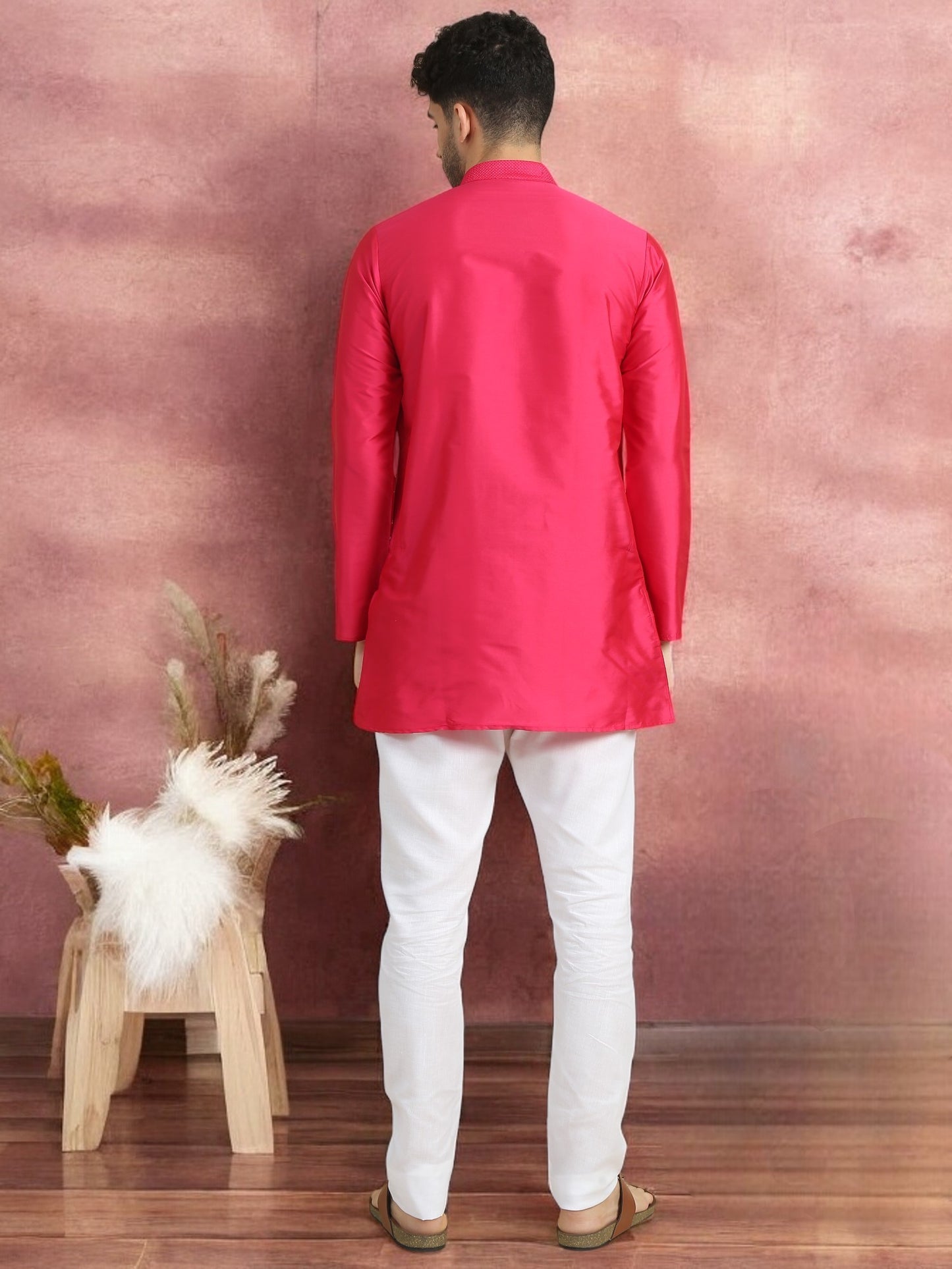 Pink Polyester Solid Straight Kurta