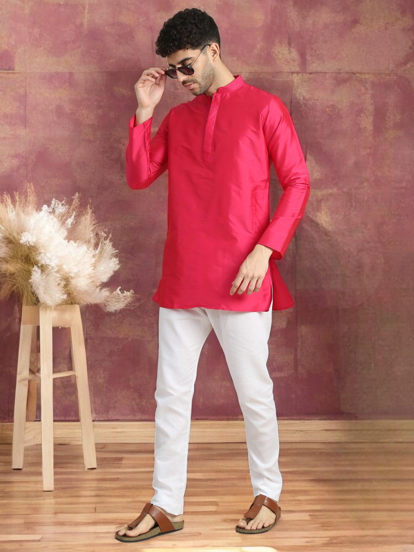 Pink Polyester Solid Straight Kurta