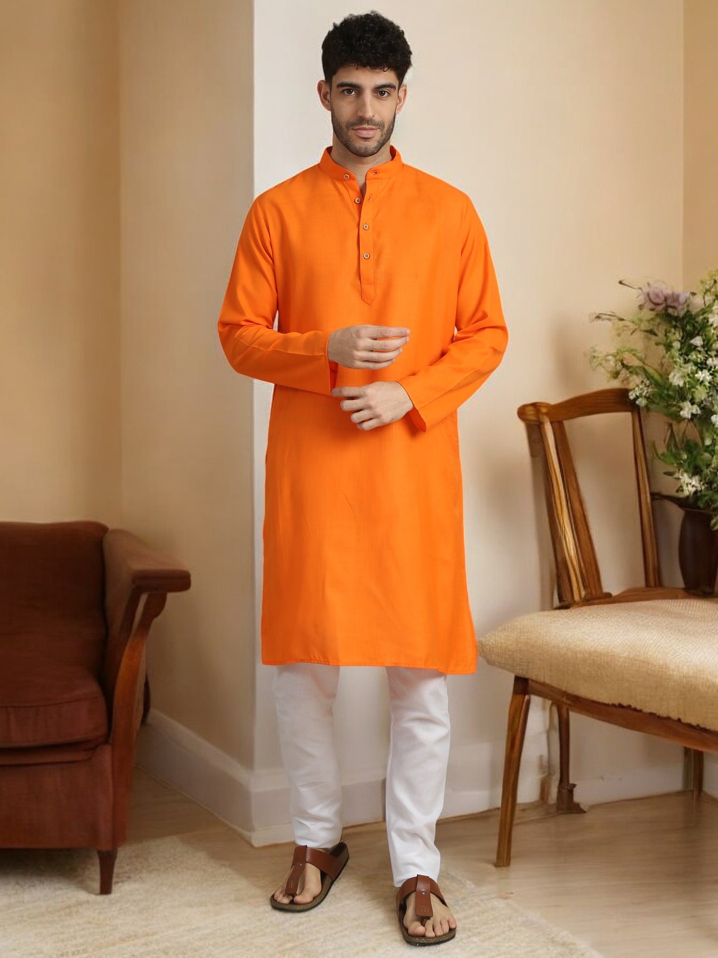 Orange Cotton Long Solid Kurta