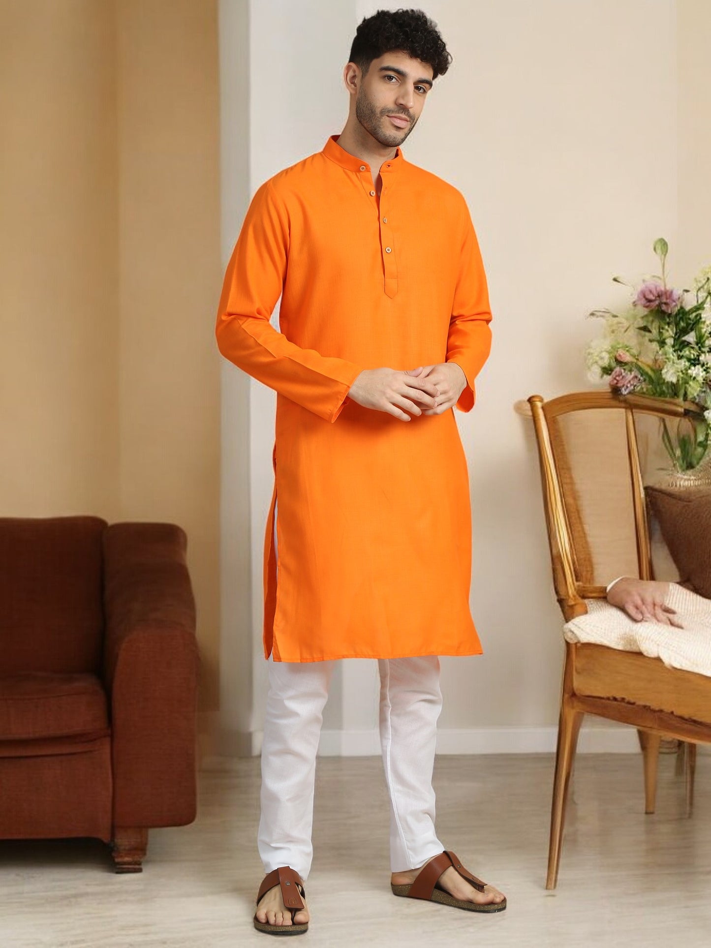 Orange Cotton Long Solid Kurta