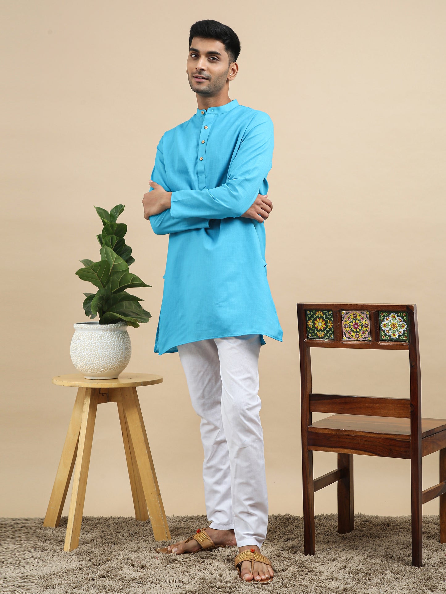 Tattva Turquoise Blue Short Kurta with Pyjamas