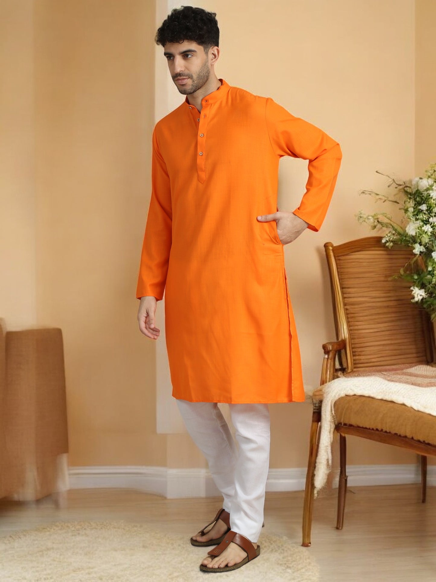 Orange Cotton Long Solid Kurta