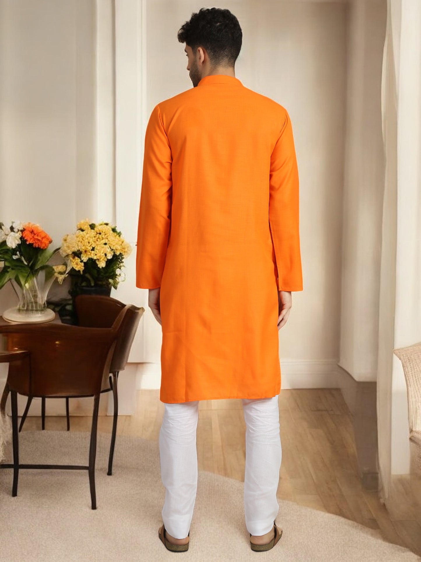 Orange Cotton Long Solid Kurta